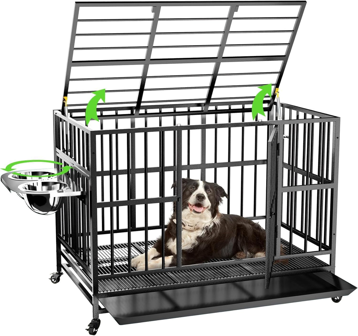 ROOMTEC  43" Heavy Duty Dog Crate with Unique Air Lift Rod/Wheels/ 360° & Adjustable 2 Bowls, Extra Medium Dog Crate