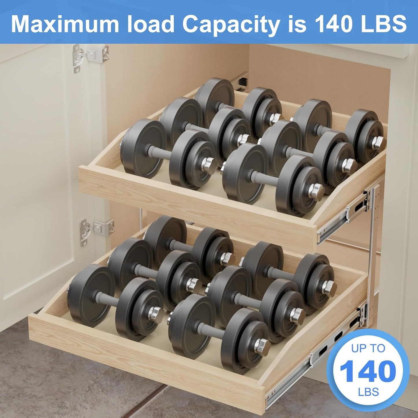 ROOMTEC 2 Tier Pull Out Cabinet Organizer, Double Tier Slide Out Wood Cabinet Organizer with U Bracket, Pull Out Drawers for Base Cabinet Organization in Kitchen, Pantry(13½"W x 21" D)