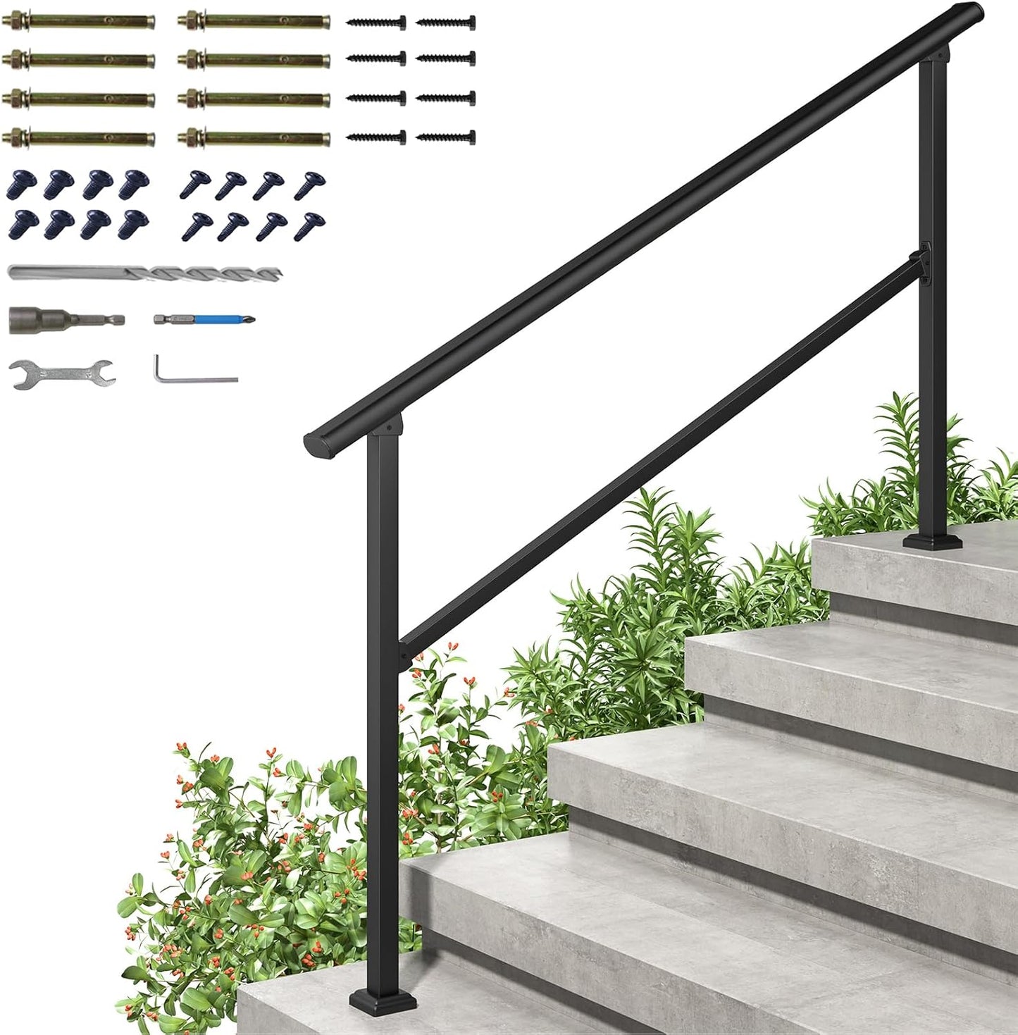 ROOMTEC 2 Pack 2 Step Handrails for Outdoor Steps, Safety Outdoor Hand Rails for Exterior Steps, Black Wrought Iron Stair Railing Kit (1-2 Steps Handrail)