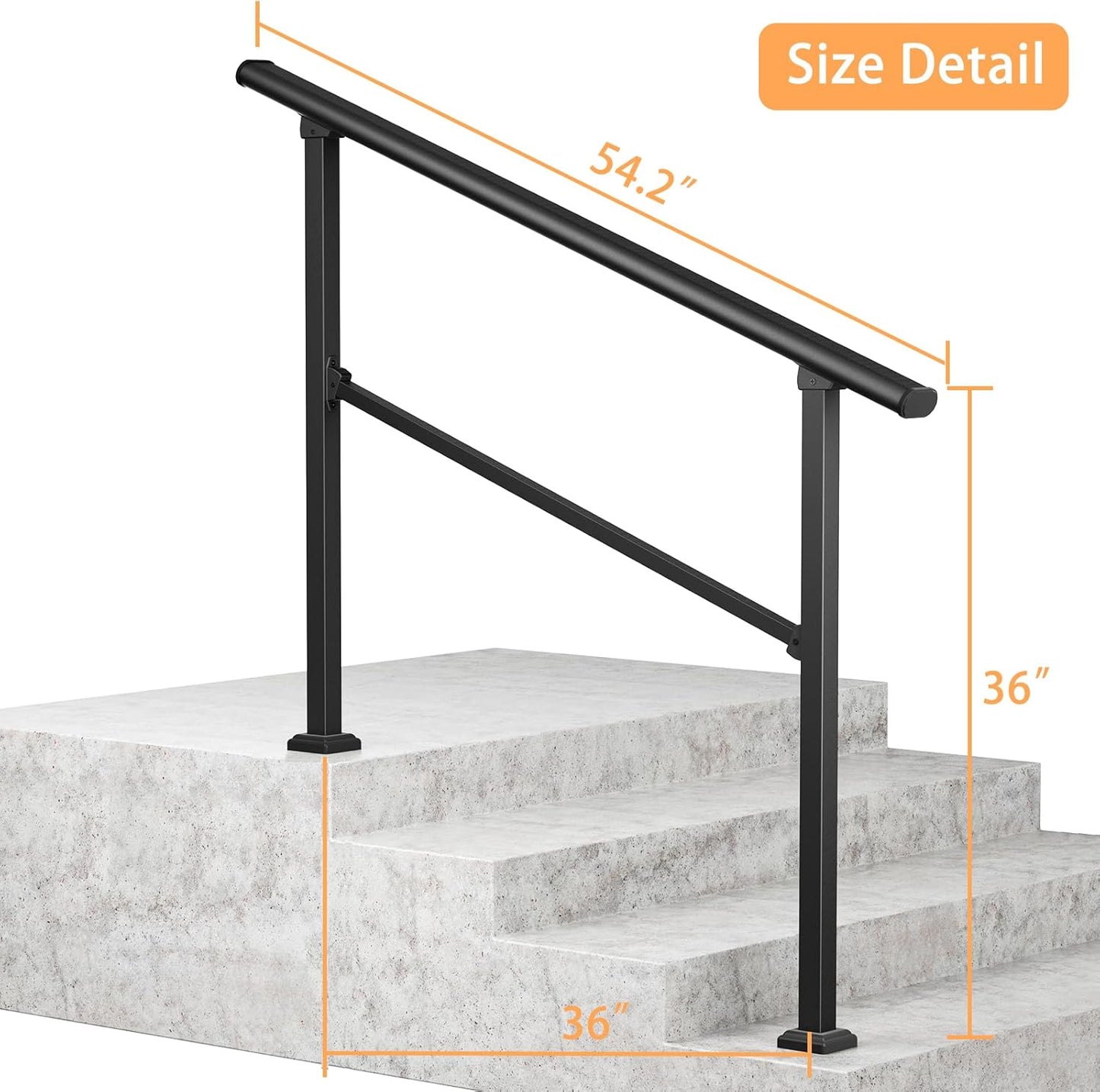 ROOMTEC  2 Step Hand Rails for Outdoor Steps, Wrought Iron Railing, Exterior Hand Railing for Steps, Porch Railing Kit (1-2 Steps Handrail)