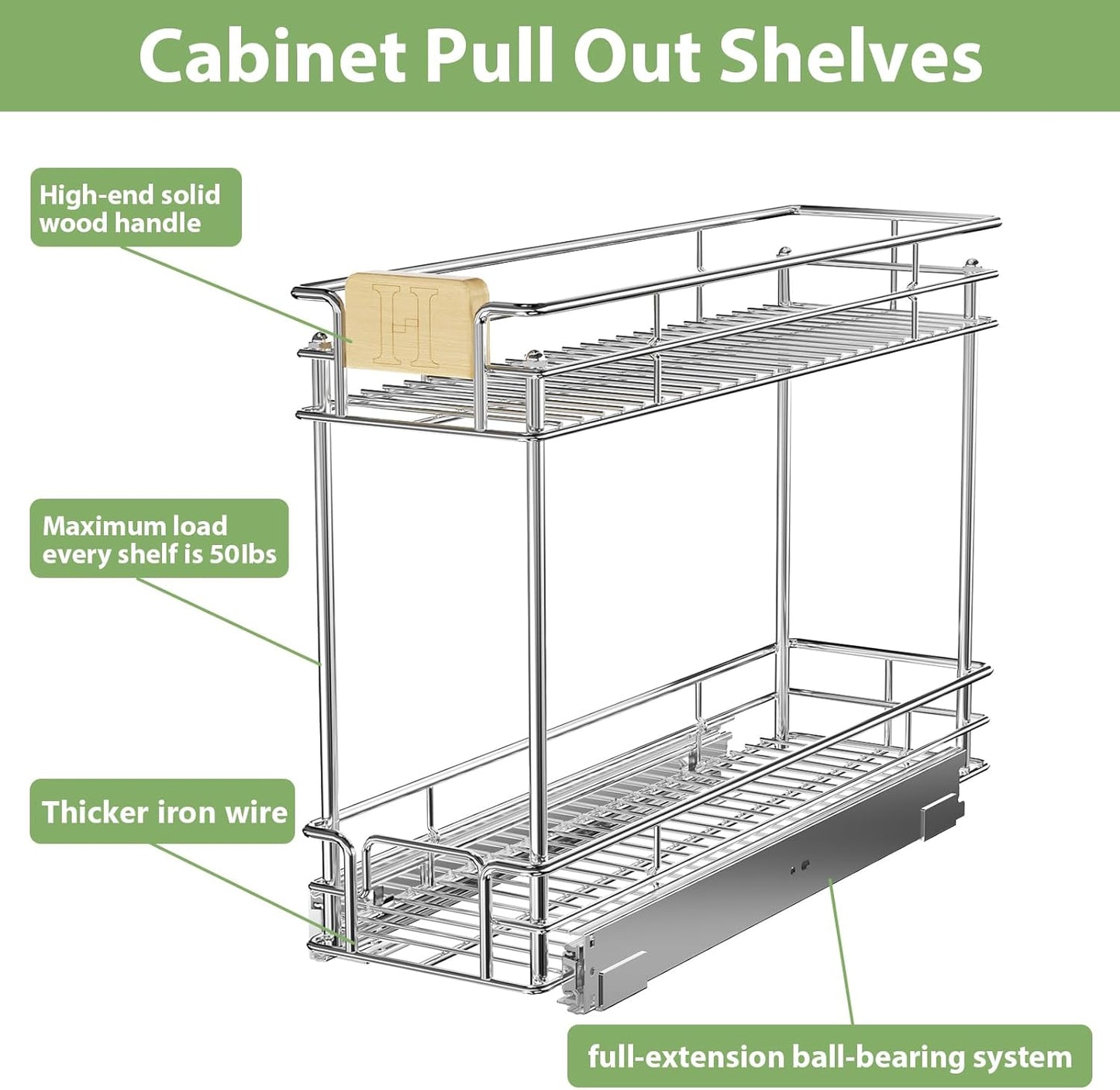 ROOMTEC Pull Out Cabinet Organizer With Wooden Handle 10½" W x 21½" D 2-Tier Cabinet Drawer Pull Out Shelves Under Cabinet Storage for Kitchen
