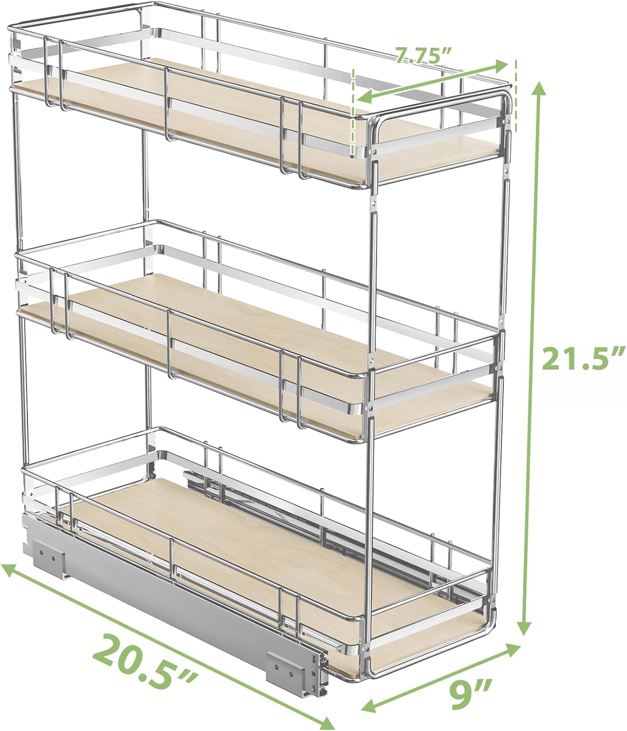 ROOMTEC 3-Tier Pull Out Cabinet Organizer Spice Rack for Narrow Cabinet 6" W x 20½" D, Slide Out Wood Shelves Storage for Kitchen