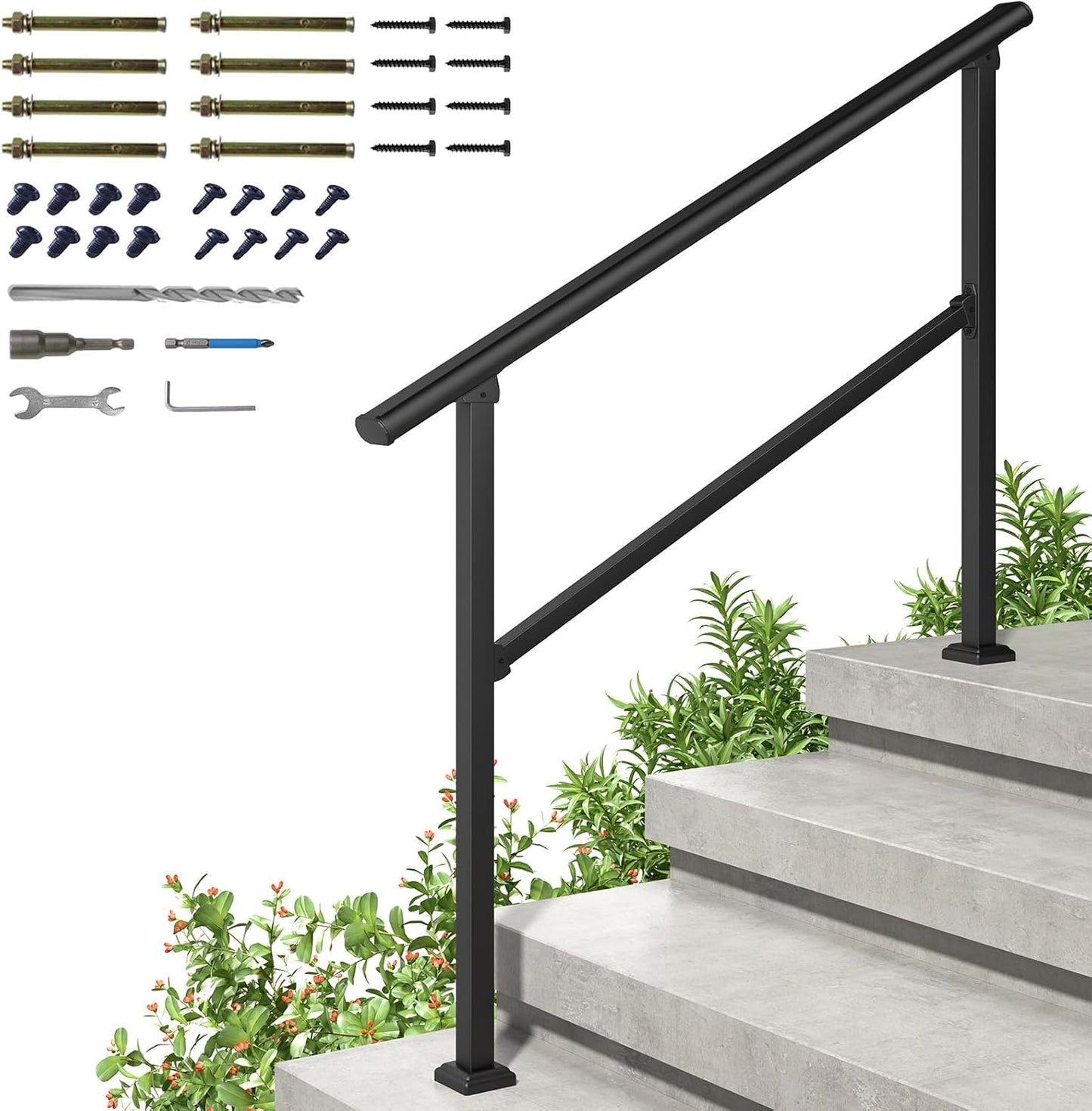 ROOMTEC 2 Pack 2 Step Handrails for Outdoor Steps, Safety Outdoor Hand Rails for Exterior Steps, Black Wrought Iron Stair Railing Kit (1-2 Steps Handrail)