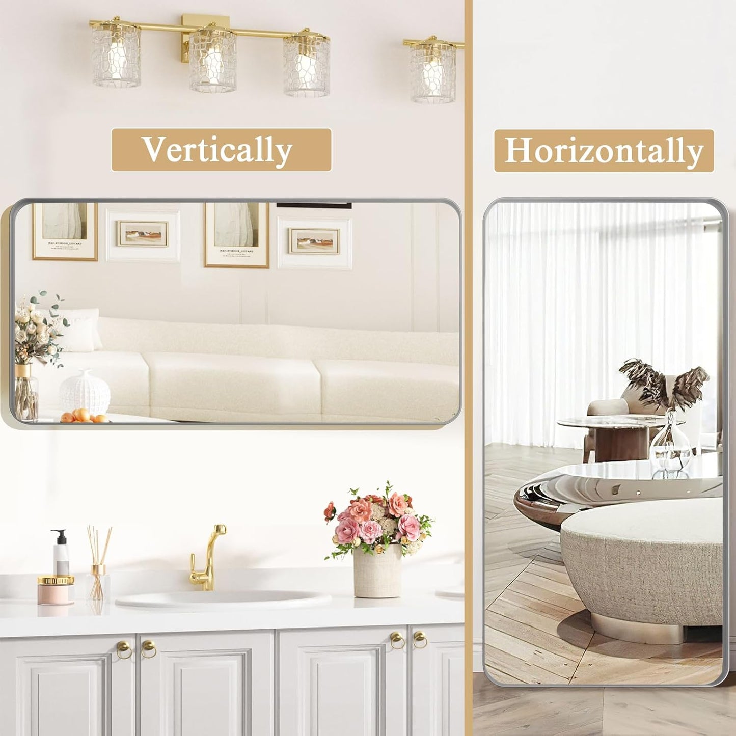 ROOMTEC Gold Bathroom Mirrors for Wall, 20X30 Inch Rounded Rectangle Mirror, Gold Bathroom Vanity Mirror, Metal Framed Wall-Mounted Mirror,Tempered Glass,(Horizontally or Vertically