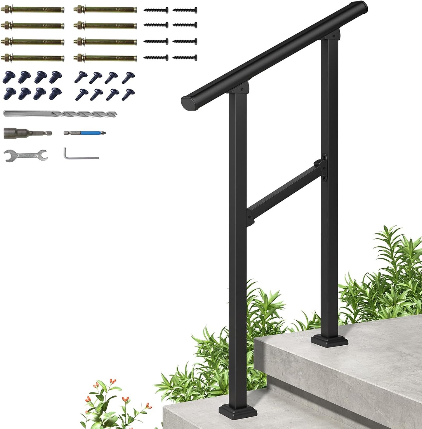 ROOMTEC 2 Pack 2 Step Handrails for Outdoor Steps, Safety Outdoor Hand Rails for Exterior Steps, Black Wrought Iron Stair Railing Kit (1-2 Steps Handrail)