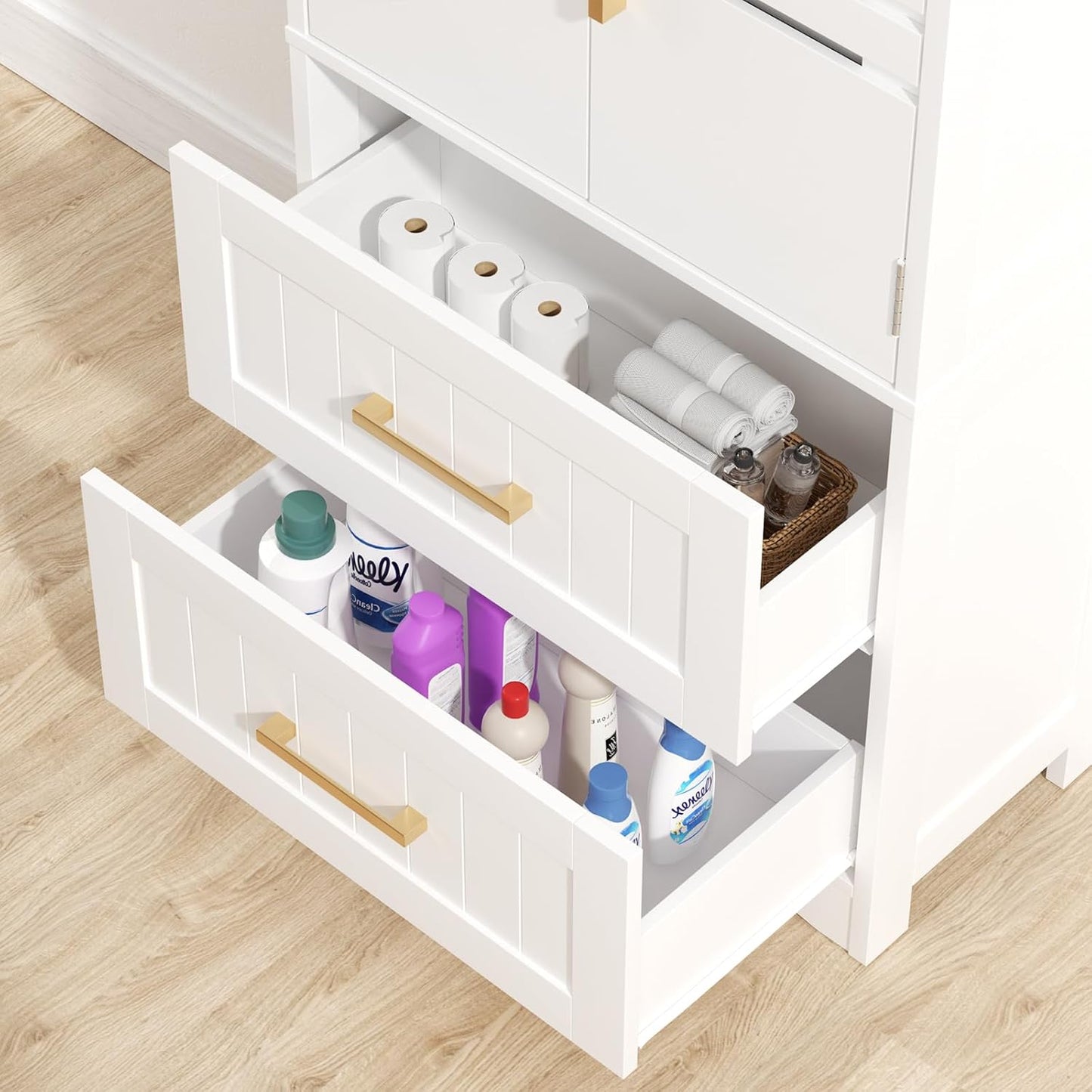 ROOMTEC Bathroom Floor Storage Cabinet,Freestanding Bathroom Cabinet with 2 Drawers and 2 Doors,Storage Cabinet with 5 Adjustable Height Shelf, 23.62 x 11.81 x 43.3Inches, White