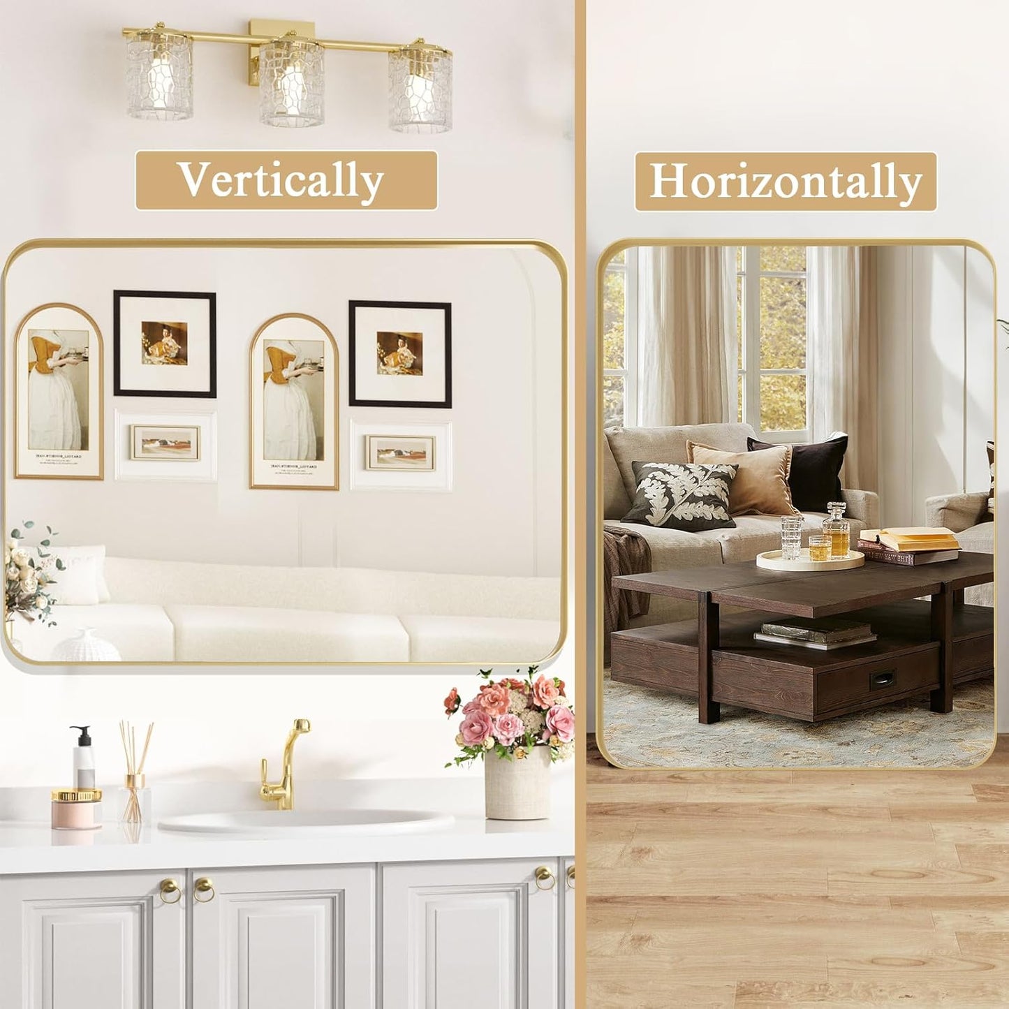 ROOMTEC Gold Bathroom Mirrors for Wall, 20X30 Inch Rounded Rectangle Mirror, Gold Bathroom Vanity Mirror, Metal Framed Wall-Mounted Mirror,Tempered Glass,(Horizontally or Vertically