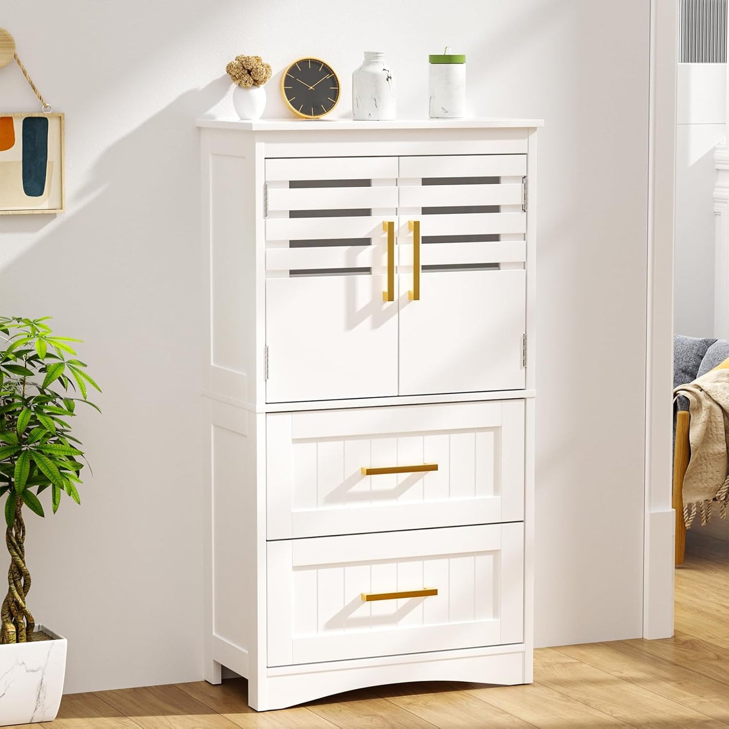 ROOMTEC Bathroom Floor Storage Cabinet,Freestanding Bathroom Cabinet with 2 Drawers and 2 Doors,Storage Cabinet with 5 Adjustable Height Shelf, 23.62 x 11.81 x 43.3Inches, White
