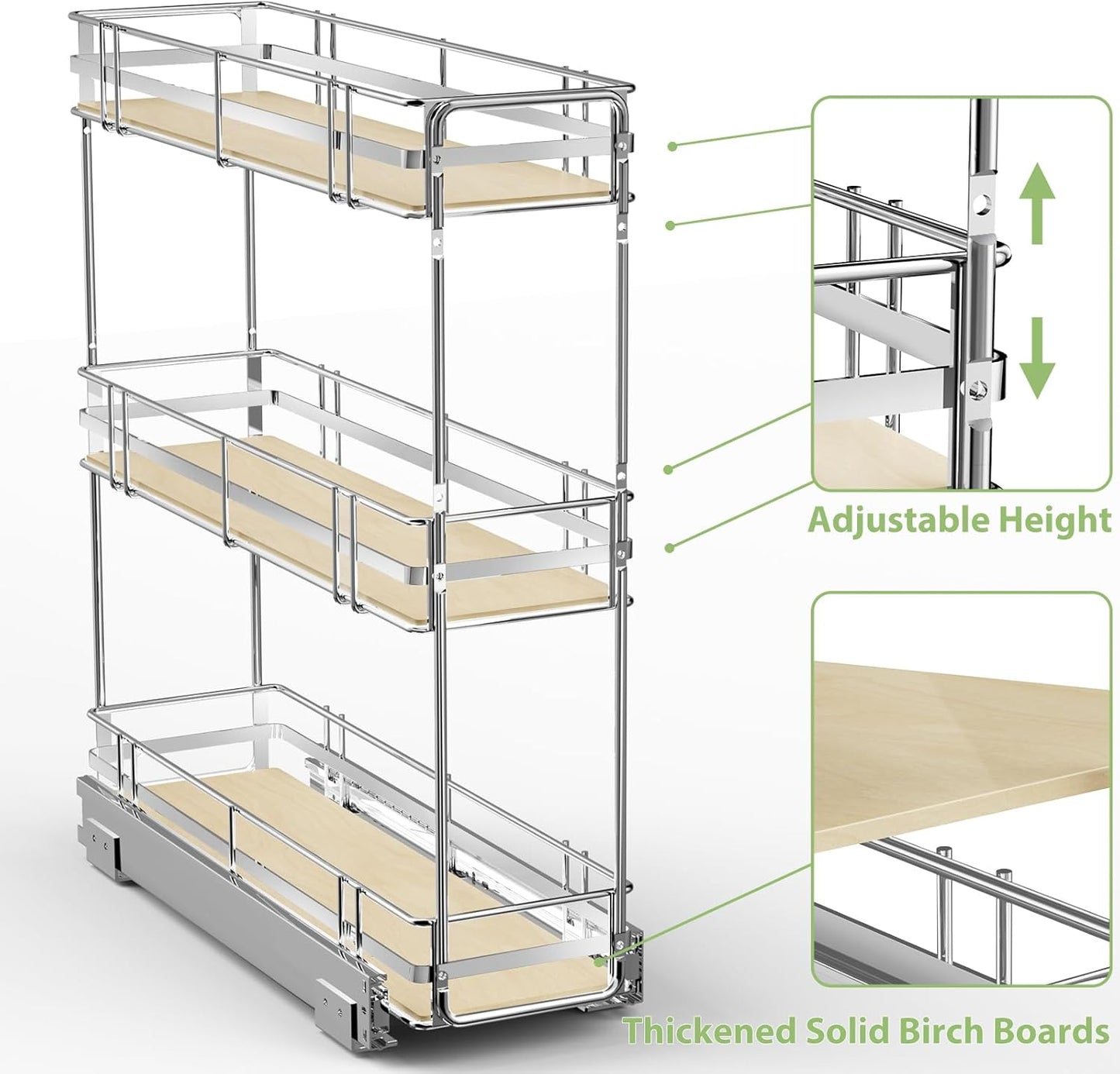 ROOMTEC 3-Tier Pull Out Cabinet Organizer Spice Rack for Narrow Cabinet 6" W x 20½" D, Slide Out Wood Shelves Storage for Kitchen