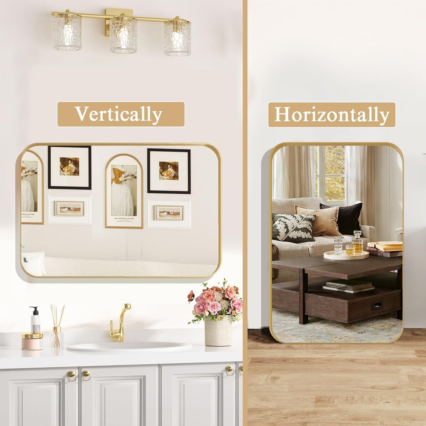 ROOMTEC Gold Bathroom Mirrors for Wall, 20X30 Inch Rounded Rectangle Mirror, Gold Bathroom Vanity Mirror, Metal Framed Wall-Mounted Mirror,Tempered Glass,(Horizontally or Vertically