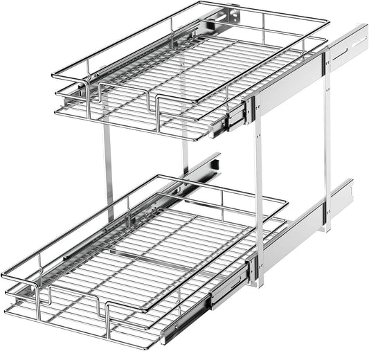 ROOMTEC 2 Tier Individual Pull Out Cabinet Organizer 11"W x 21"D, Slide Out Kitchen Cabinet Storage Sliding Shelves