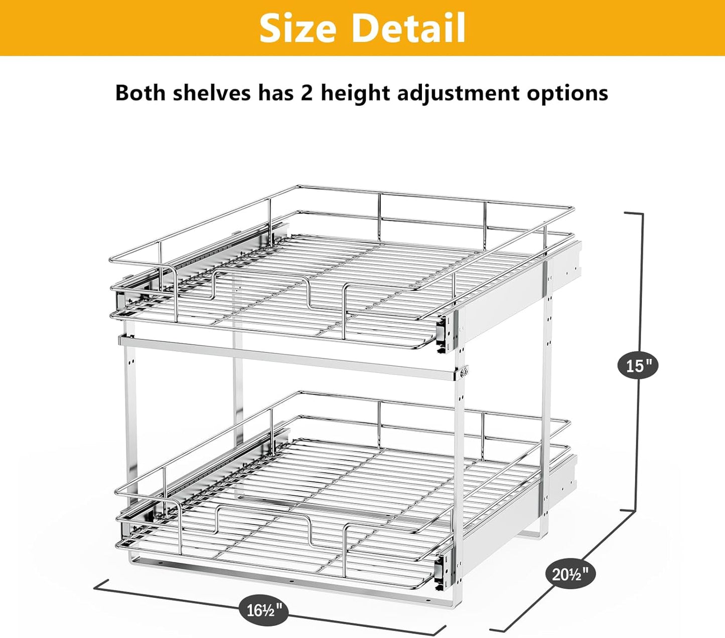 ROOMTEC Slide Out Cabinet Organizer for Kitchen, 2 Tier Pull Out Shelves Sliding Cabinet Organizer and Storage, Chrome (16.5" W x 20.5" D)