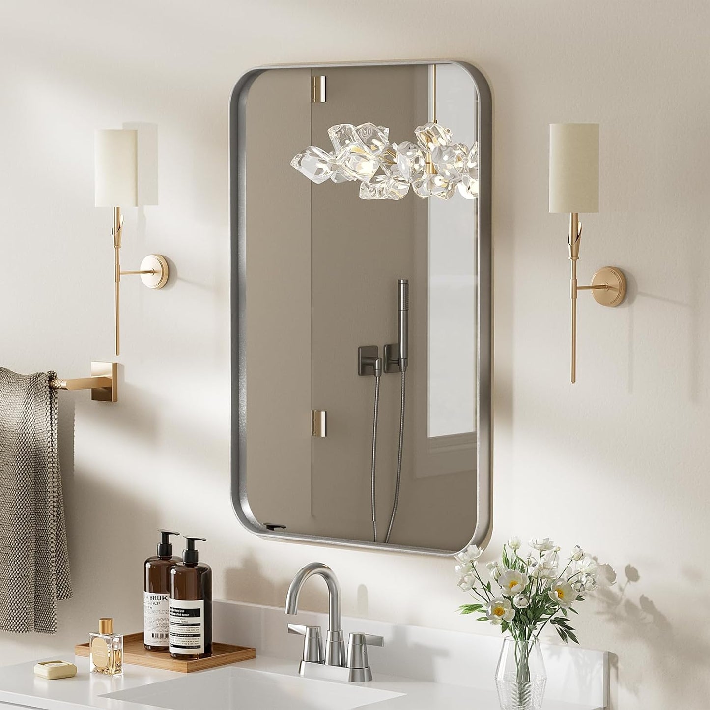 ROOMTEC Gold Bathroom Mirrors for Wall, 20X30 Inch Rounded Rectangle Mirror, Gold Bathroom Vanity Mirror, Metal Framed Wall-Mounted Mirror,Tempered Glass,(Horizontally or Vertically