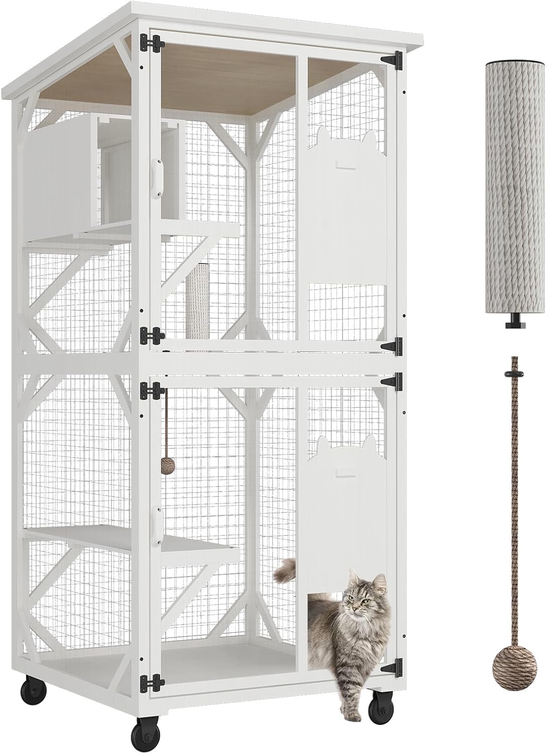 ROOMTEC Catio Outdoor Cat Enclosure with Roof 71" Height Large Cat House Cat Wooden Cage with 3 Jumping Platforms and 1 Napping Houses for Cat Activity (Grey)