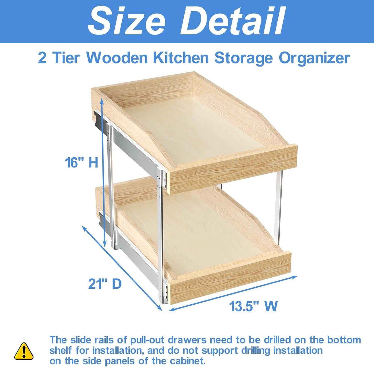 ROOMTEC 2 Tier Pull Out Cabinet Organizer, Double Tier Slide Out Wood Cabinet Organizer with U Bracket, Pull Out Drawers for Base Cabinet Organization in Kitchen, Pantry(13½"W x 21" D)