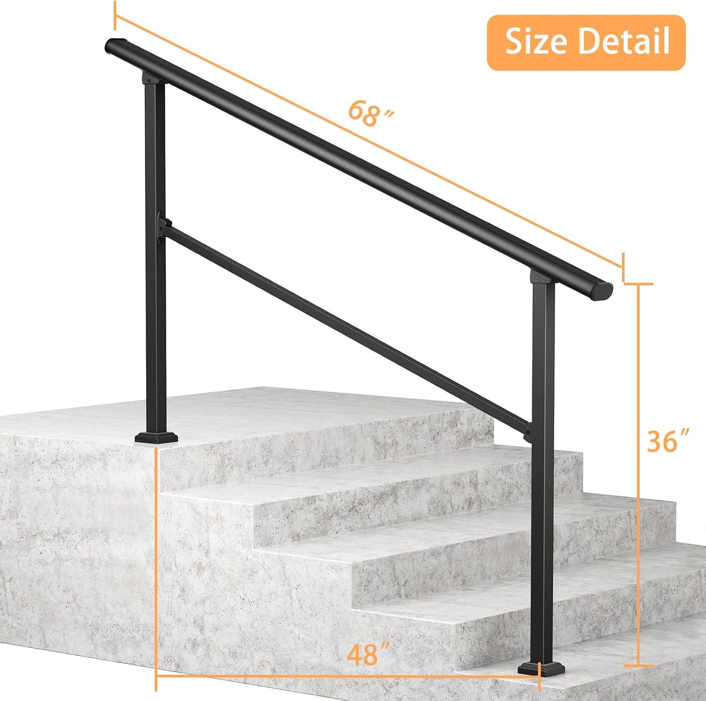 ROOMTEC  2 Step Hand Rails for Outdoor Steps, Wrought Iron Railing, Exterior Hand Railing for Steps, Porch Railing Kit (1-2 Steps Handrail)