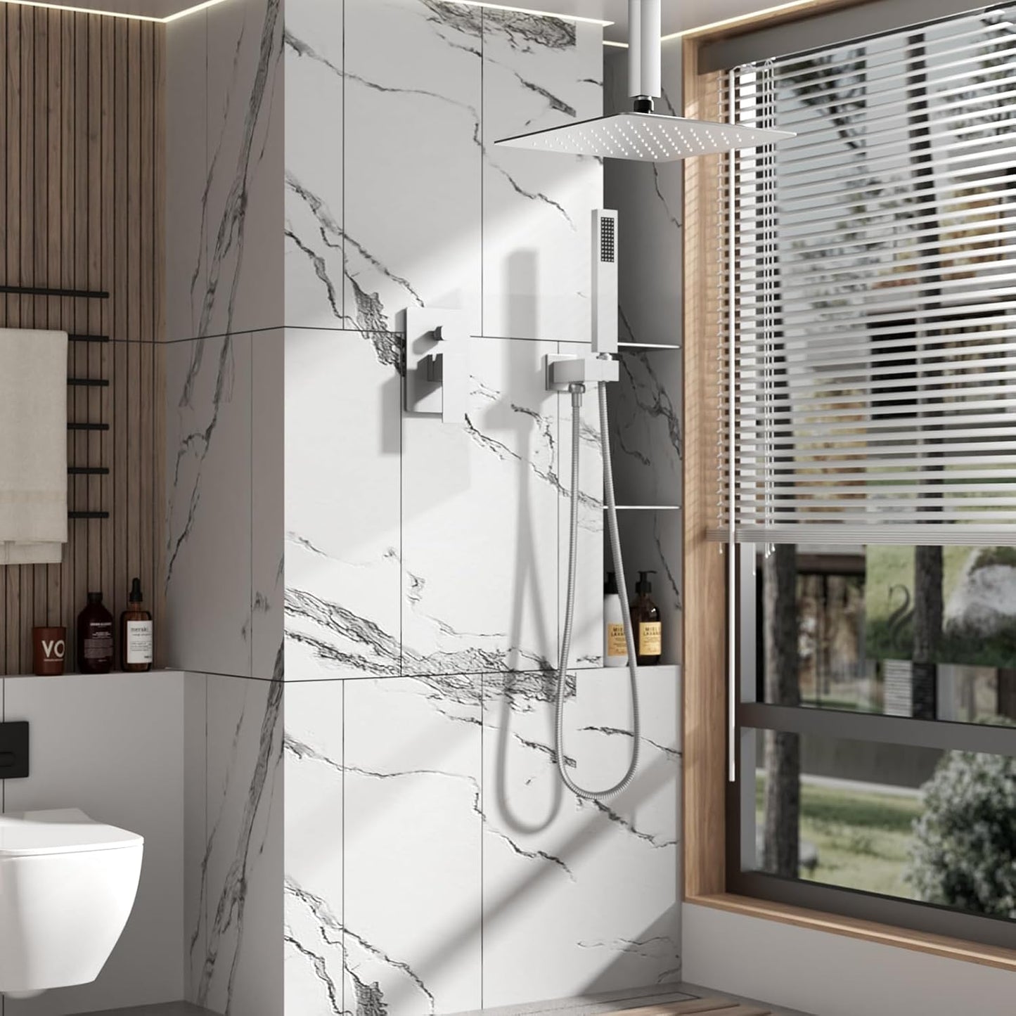 ROOMTEC Shower System with 10 Inch Rain Shower Head and Handheld Celling Mounted, High Pressure Rainfall Shower Faucet Fixture Combo Set with 2 in 1 Handheld Showerhead for Bathroom, Chrome