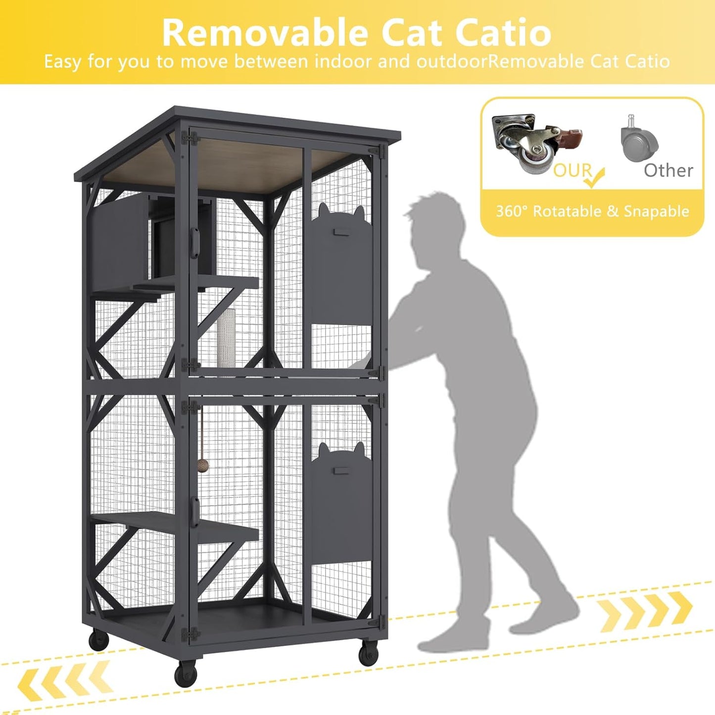 ROOMTEC Catio Outdoor Cat Enclosure with Roof 71" Height Large Cat House Cat Wooden Cage with 3 Jumping Platforms and 1 Napping Houses for Cat Activity (Grey)