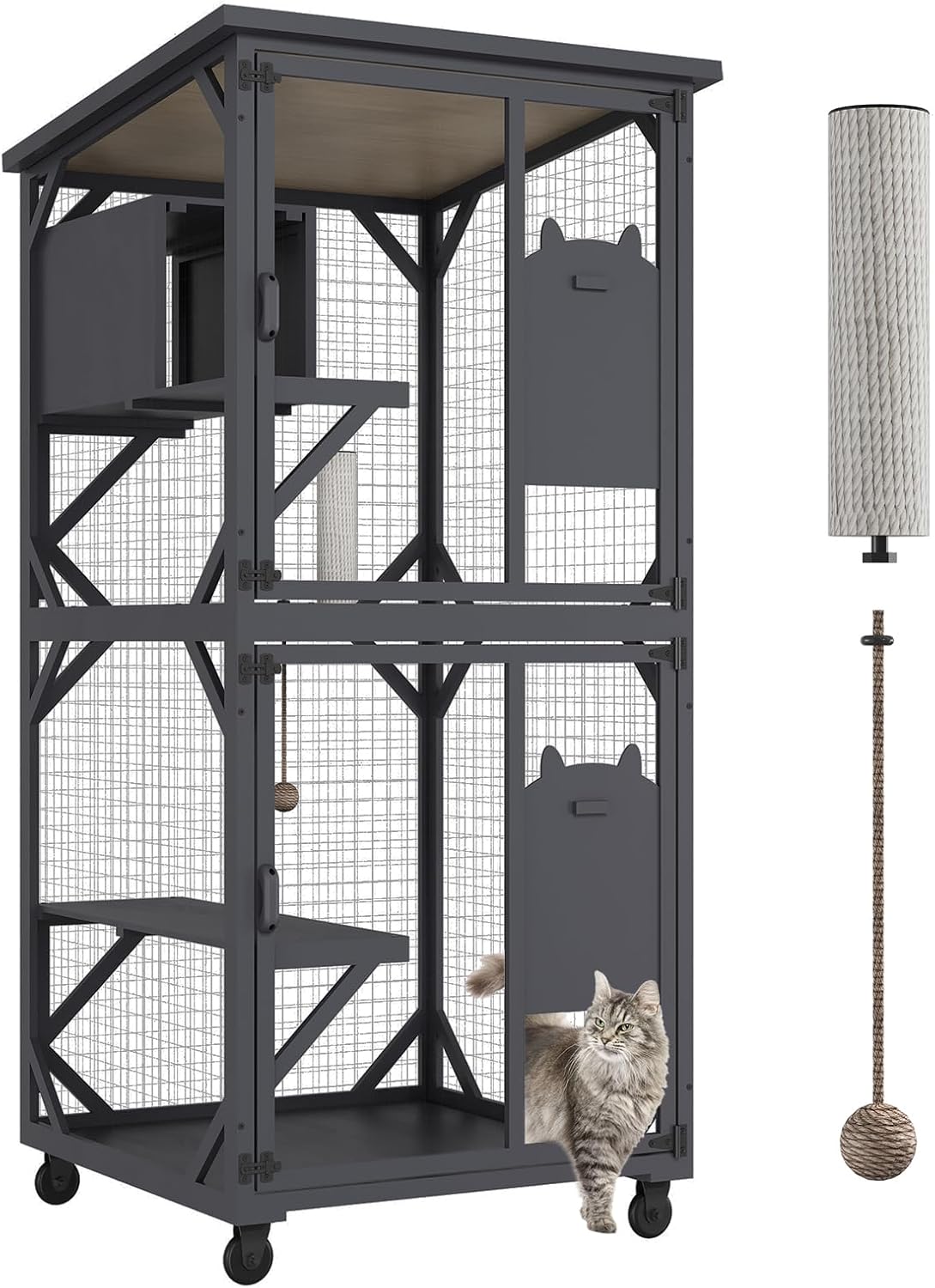 ROOMTEC Catio Outdoor Cat Enclosure with Roof 71" Height Large Cat House Cat Wooden Cage with 3 Jumping Platforms and 1 Napping Houses for Cat Activity (Grey)