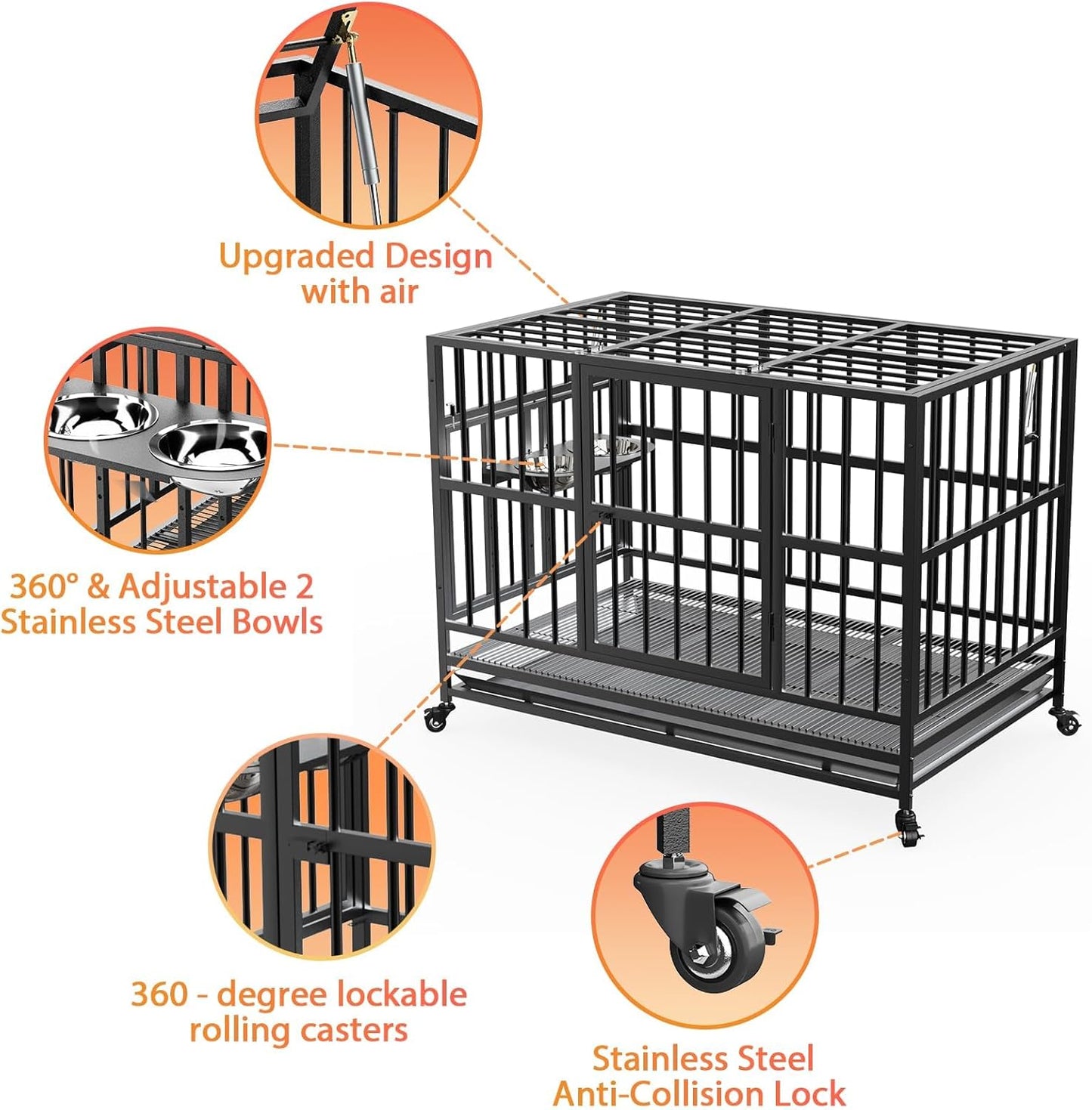 ROOMTEC  43" Heavy Duty Dog Crate with Unique Air Lift Rod/Wheels/ 360° & Adjustable 2 Bowls, Extra Medium Dog Crate
