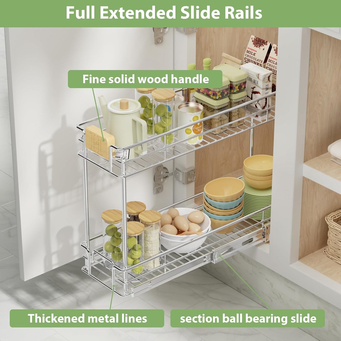 ROOMTEC Pull Out Cabinet Organizer With Wooden Handle 10½" W x 21½" D 2-Tier Cabinet Drawer Pull Out Shelves Under Cabinet Storage for Kitchen