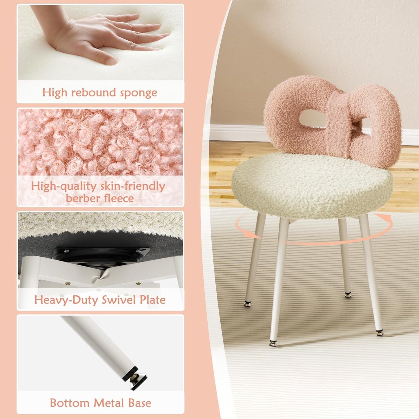 ROOMTEC Bedroom Pink Chair | No Wheels, Small Swivel, Upholstered, Cute Bow Backrest | Living Room, Comfy Desk, Makeup Reading Dining | Girls, Women, Kids