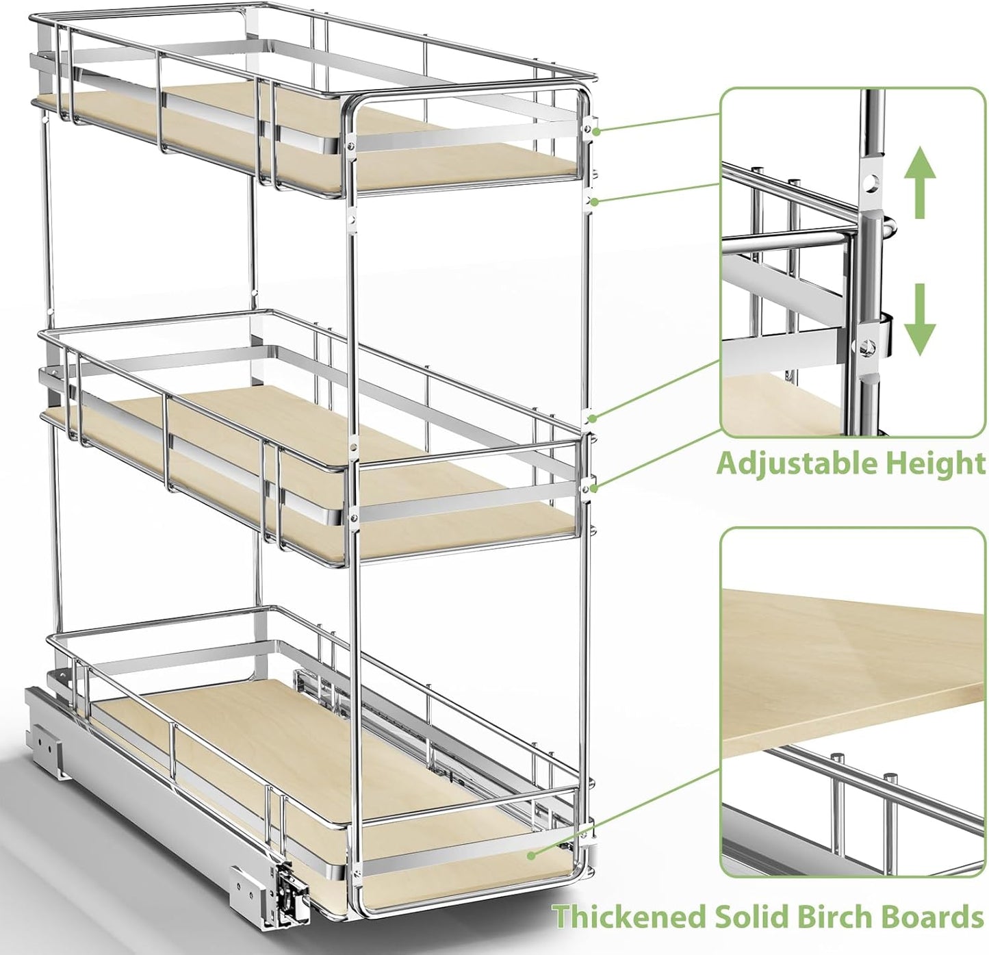 ROOMTEC Pull Out Spice Rack for Narrow Cabinet (5½" W X 21" D),3 Tier Slide Out Cabinet Organizer and Pull Out Shelves Under Cabinet Storage for Kitchen, Chrome