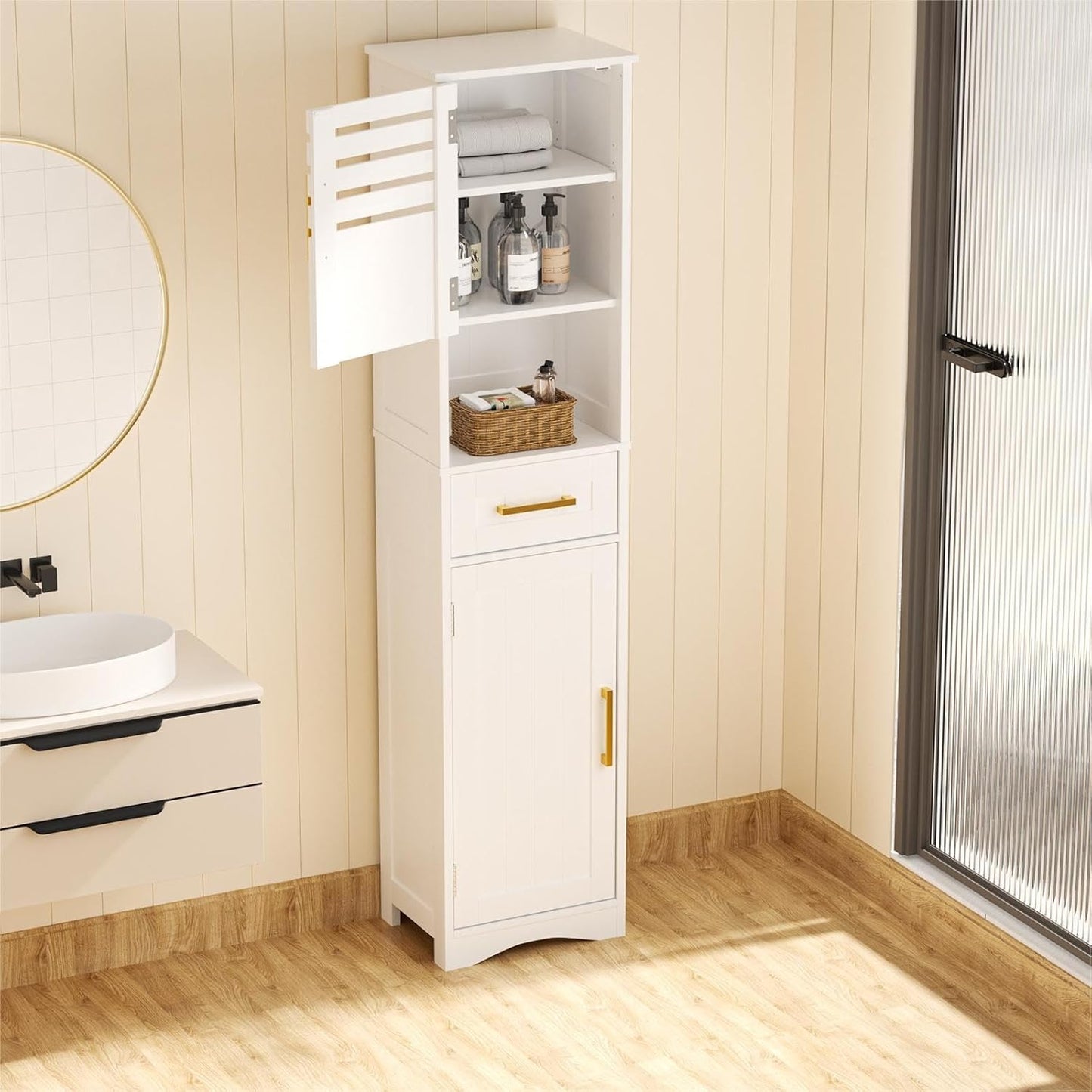ROOMTEC Bathroom Floor Storage Cabinet,Freestanding Bathroom Cabinet with 2 Drawers and 2 Doors,Storage Cabinet with 5 Adjustable Height Shelf, 23.62 x 11.81 x 43.3Inches, White