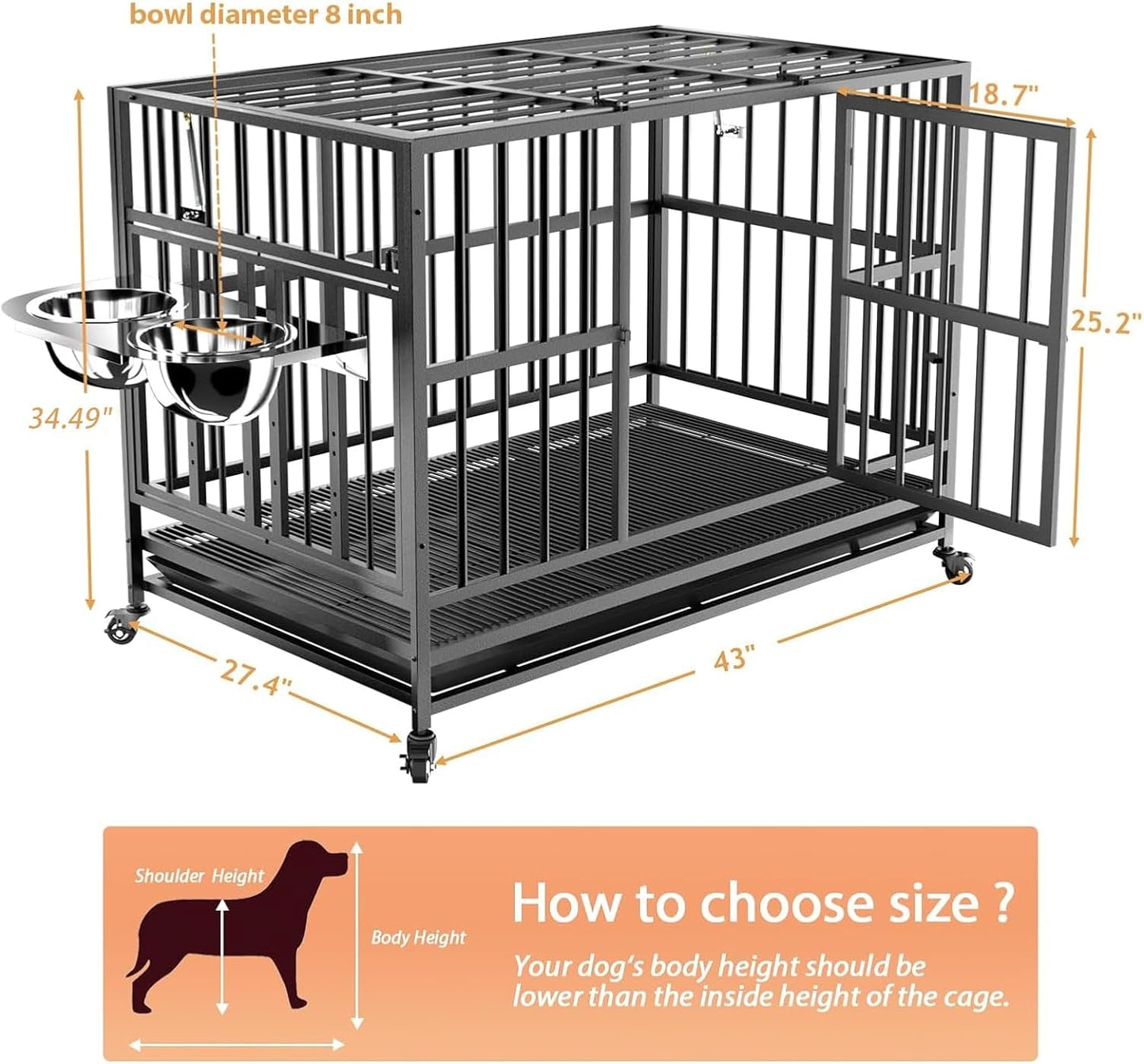 ROOMTEC  43" Heavy Duty Dog Crate with Unique Air Lift Rod/Wheels/ 360° & Adjustable 2 Bowls, Extra Medium Dog Crate