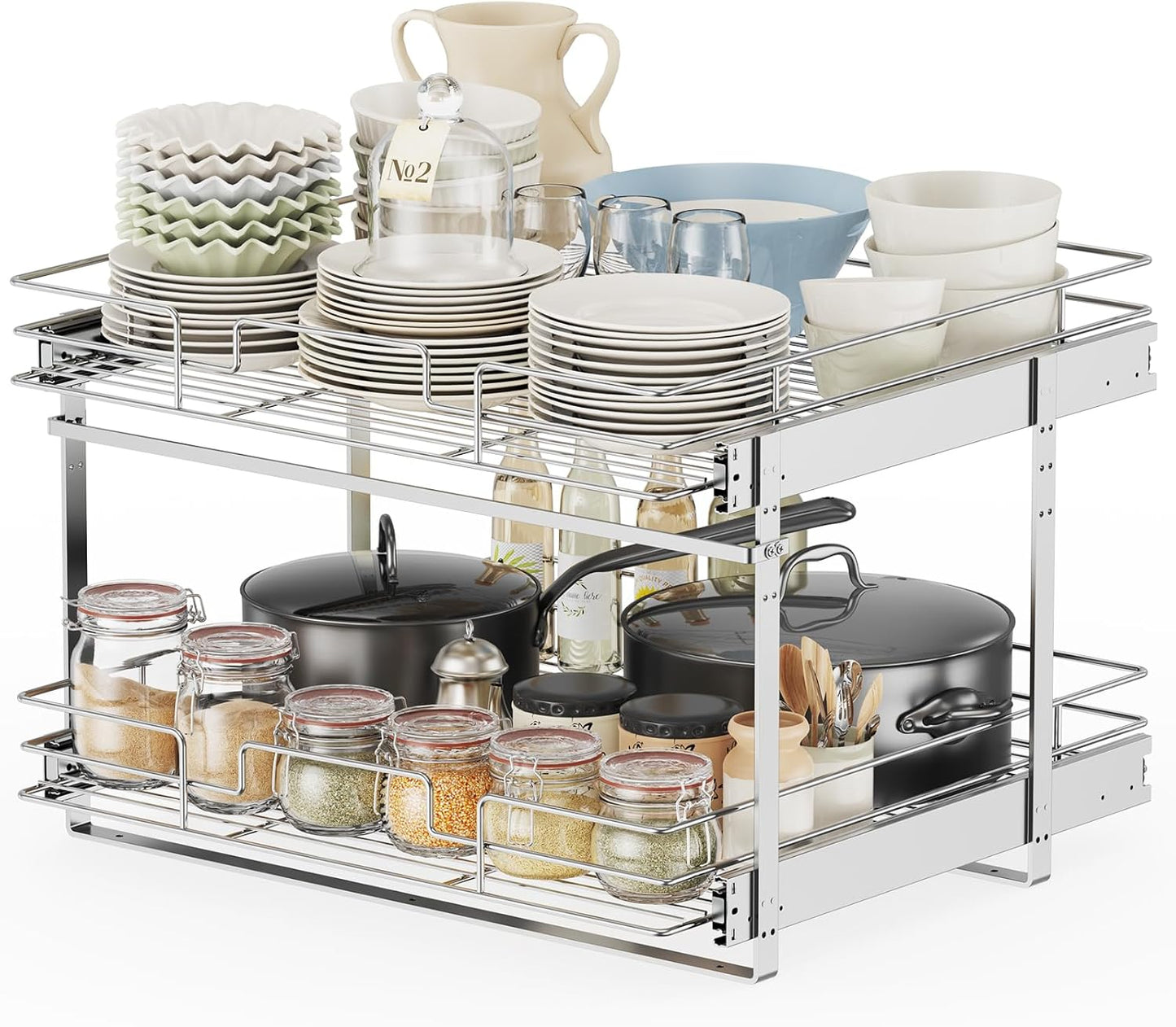 ROOMTEC Slide Out Cabinet Organizer for Kitchen, 2 Tier Pull Out Shelves Sliding Cabinet Organizer and Storage, Chrome (16.5" W x 20.5" D)
