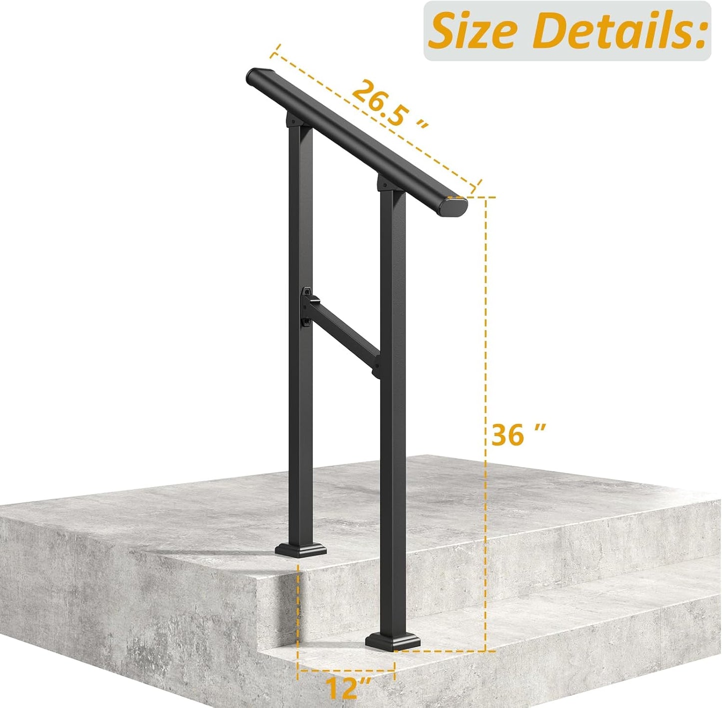 ROOMTEC 2 Pack 2 Step Handrails for Outdoor Steps, Safety Outdoor Hand Rails for Exterior Steps, Black Wrought Iron Stair Railing Kit (1-2 Steps Handrail)