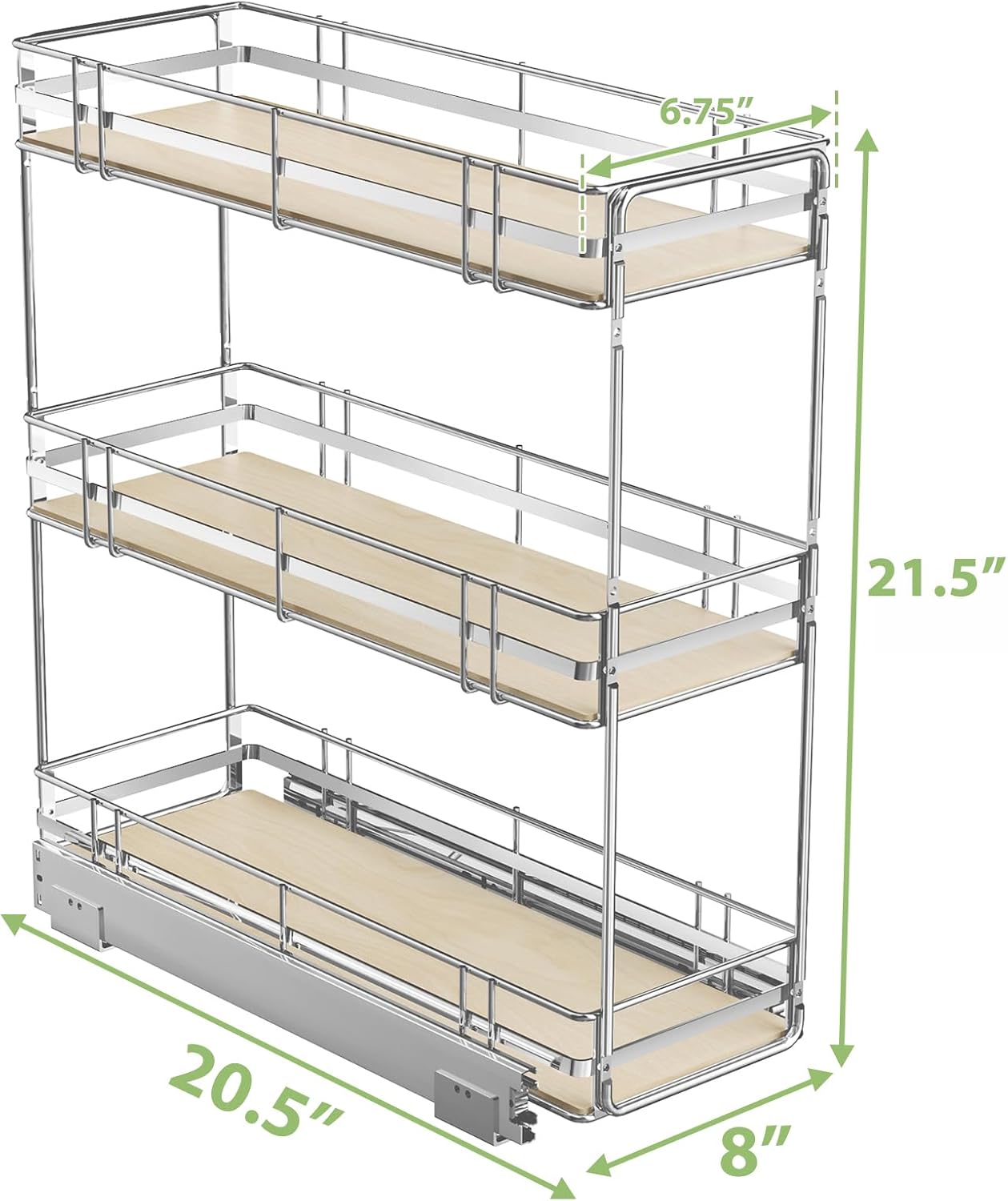 ROOMTEC 3-Tier Pull Out Cabinet Organizer Spice Rack for Narrow Cabinet 6" W x 20½" D, Slide Out Wood Shelves Storage for Kitchen