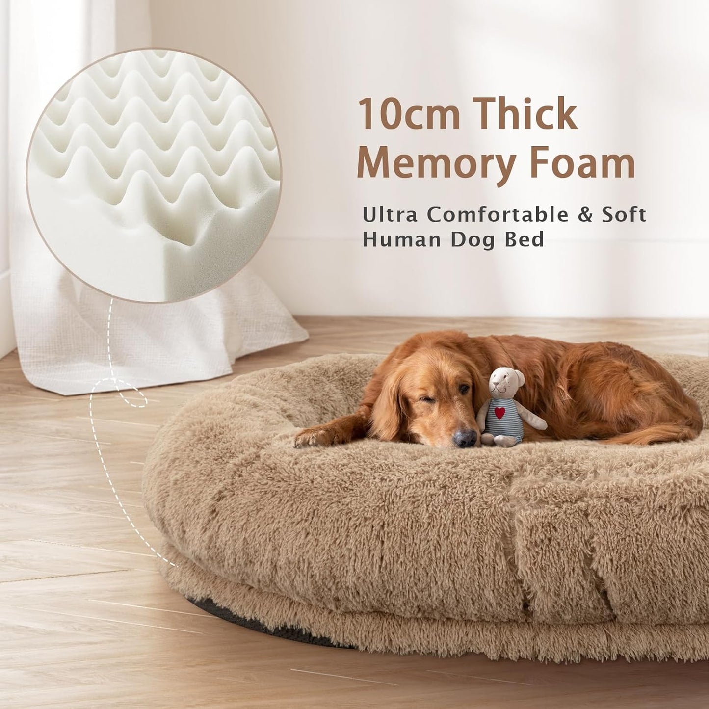 ROOMTEC Human Dog Bed, 71''x45''x12'' Size Fits Adult and Pet Washable Giant People Dog Bed 10 CM Thick Memory Foam Large Oversize Dog Bed with Plump Pillow, Blanket, Strap - Grey