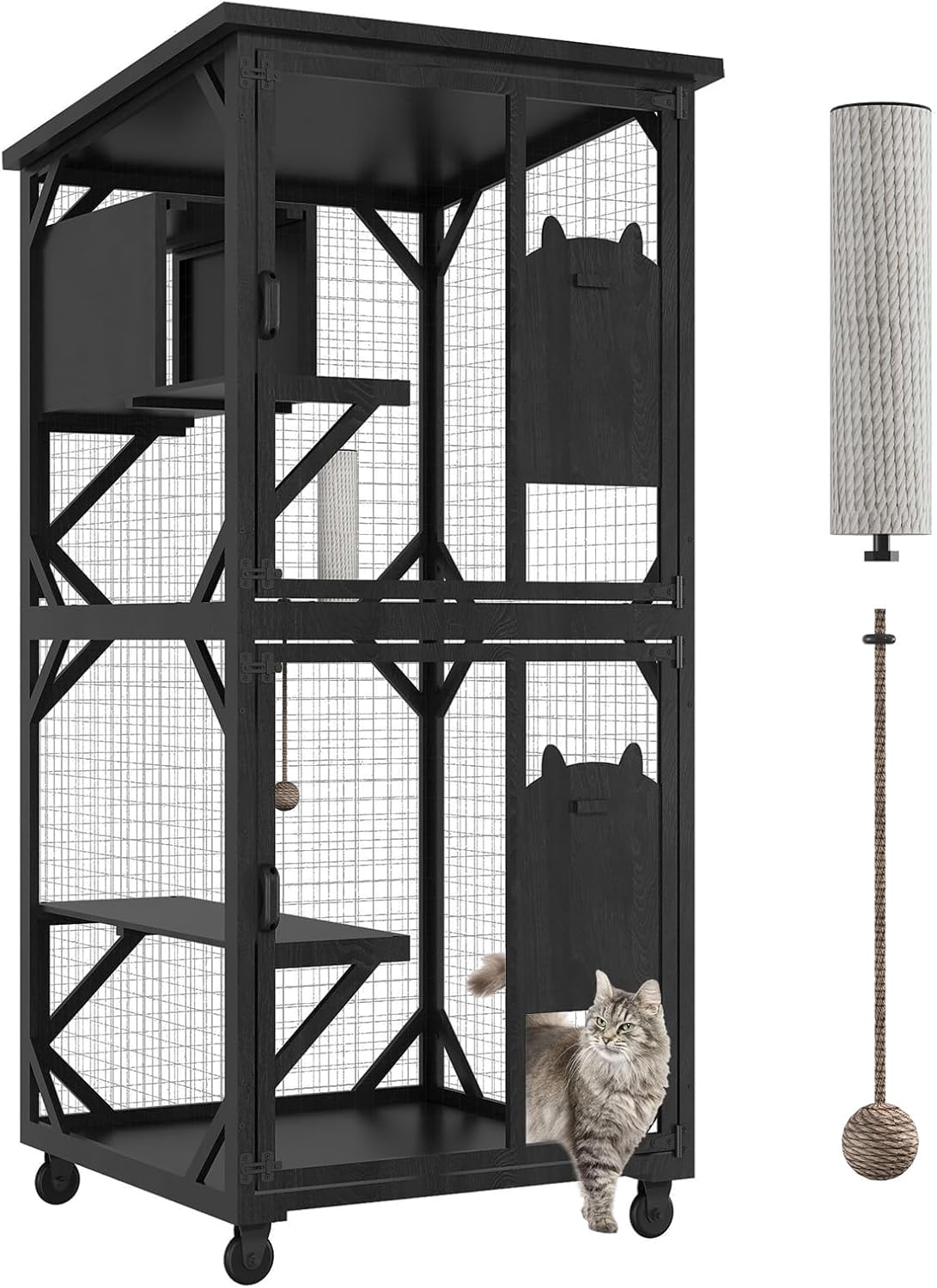 ROOMTEC Catio Outdoor Cat Enclosure with Roof 71" Height Large Cat House Cat Wooden Cage with 3 Jumping Platforms and 1 Napping Houses for Cat Activity (Grey)