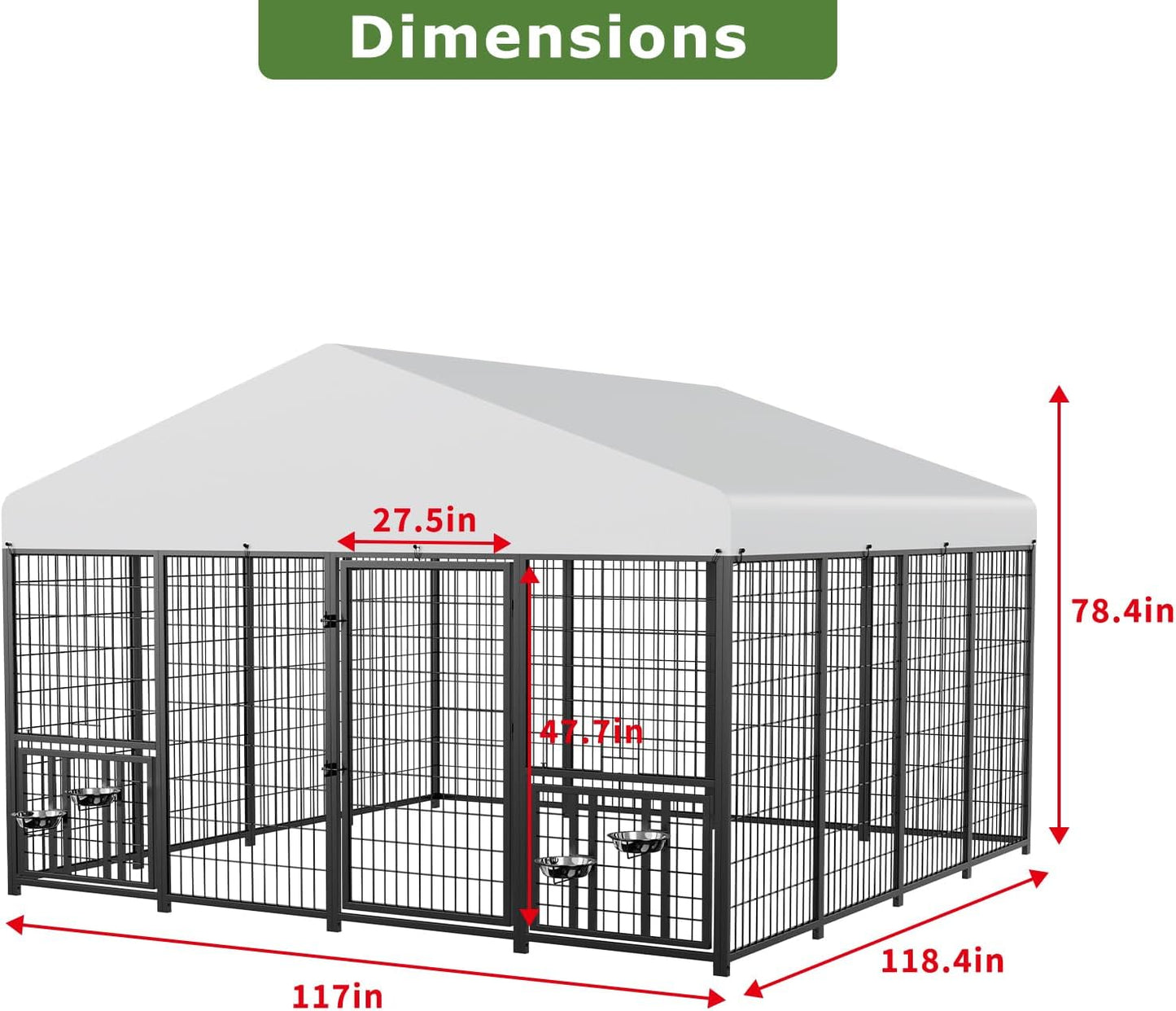 ROOMTEC Large Dog Kennel Outdoor Pet Pens Dogs Run Enclosure Animal Hutch Metal Coop Fence with Rotating Bowl (4'L x 4'W x 4.25'H)