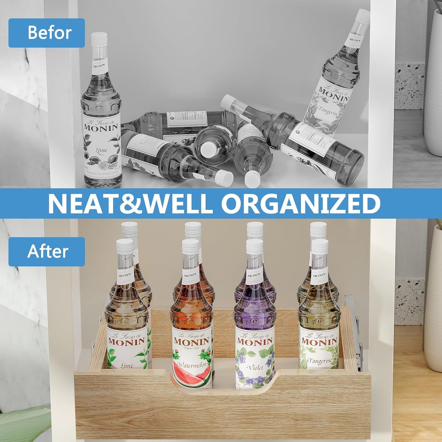 ROOMTEC Soft Close Wood Pull Out Cabinet Organizer with U-Bracket, Slide Out Cabinet Organizer with Full Extension Rail Slides Pull Out Drawer for Wall Cabinets and Pantry,19½” W x 10 ³/₁₀” D…