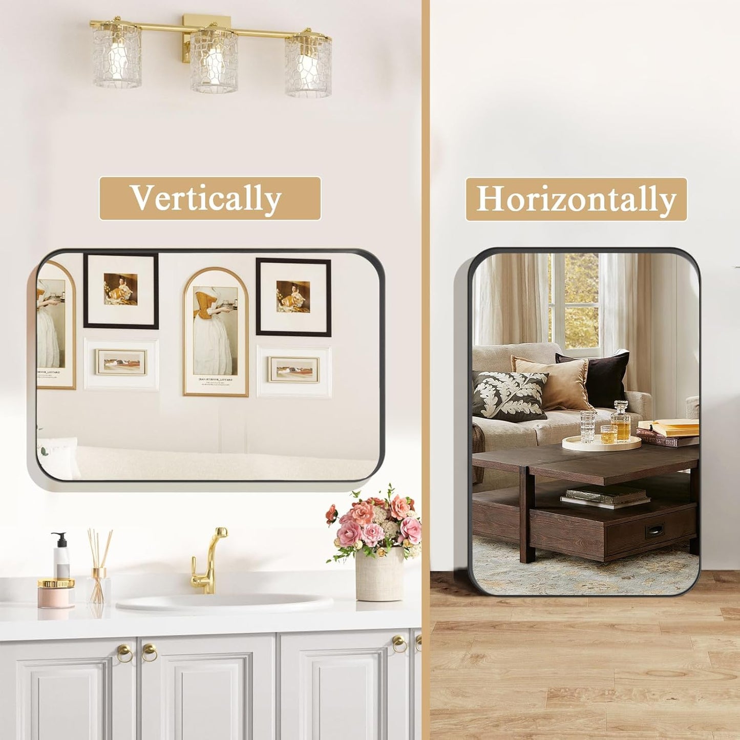 ROOMTEC Gold Bathroom Mirrors for Wall, 20X30 Inch Rounded Rectangle Mirror, Gold Bathroom Vanity Mirror, Metal Framed Wall-Mounted Mirror,Tempered Glass,(Horizontally or Vertically