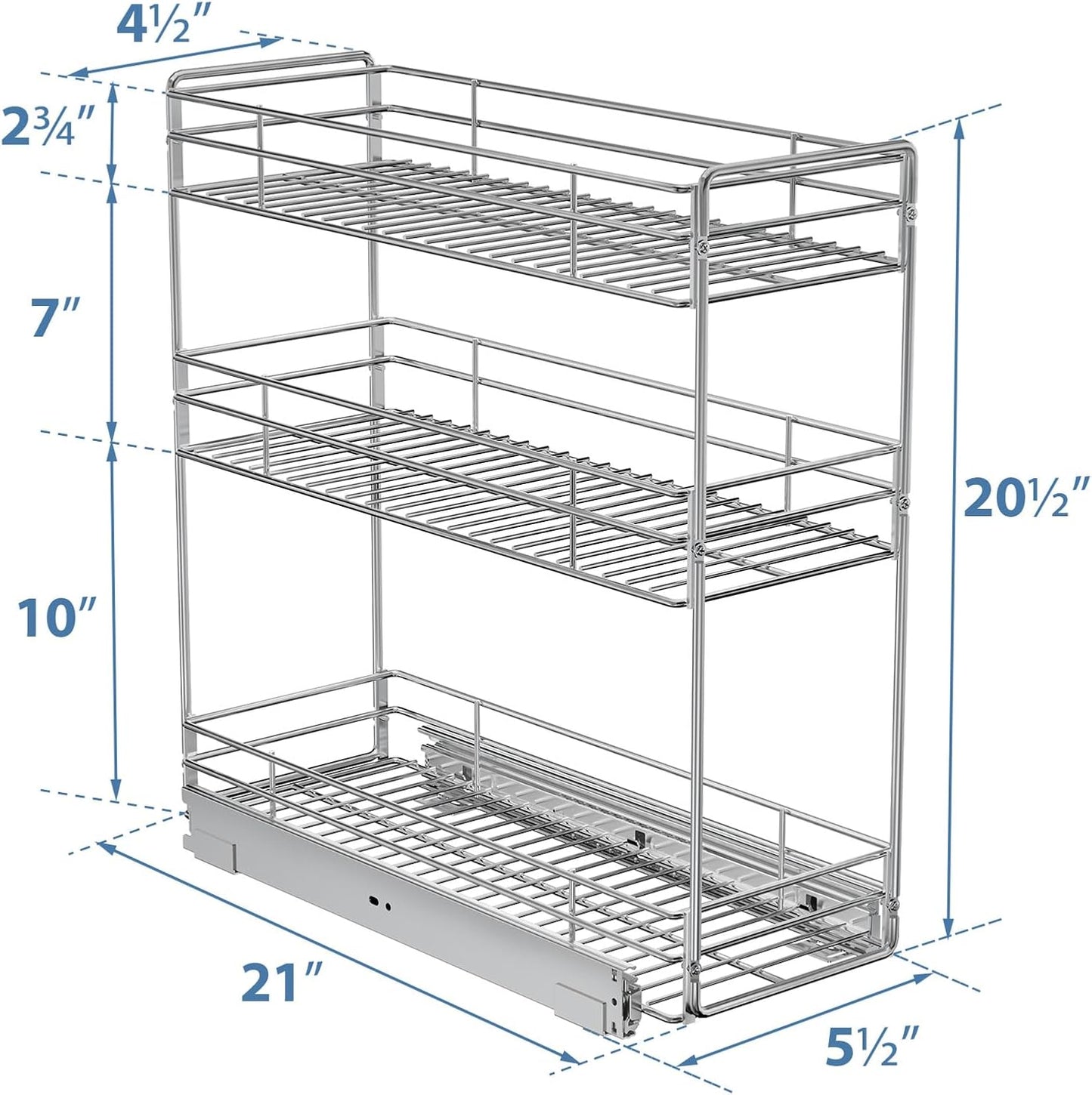 ROOMTEC Pull Out Spice Rack for Narrow Cabinet (5½" W X 21" D),3 Tier Slide Out Cabinet Organizer and Pull Out Shelves Under Cabinet Storage for Kitchen, Chrome