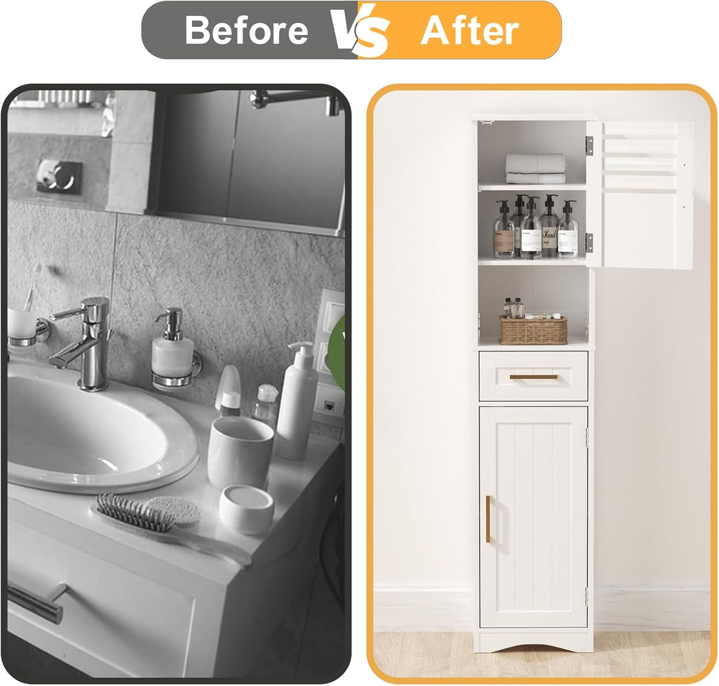 ROOMTEC Bathroom Floor Storage Cabinet,Freestanding Bathroom Cabinet with 2 Drawers and 2 Doors,Storage Cabinet with 5 Adjustable Height Shelf, 23.62 x 11.81 x 43.3Inches, White