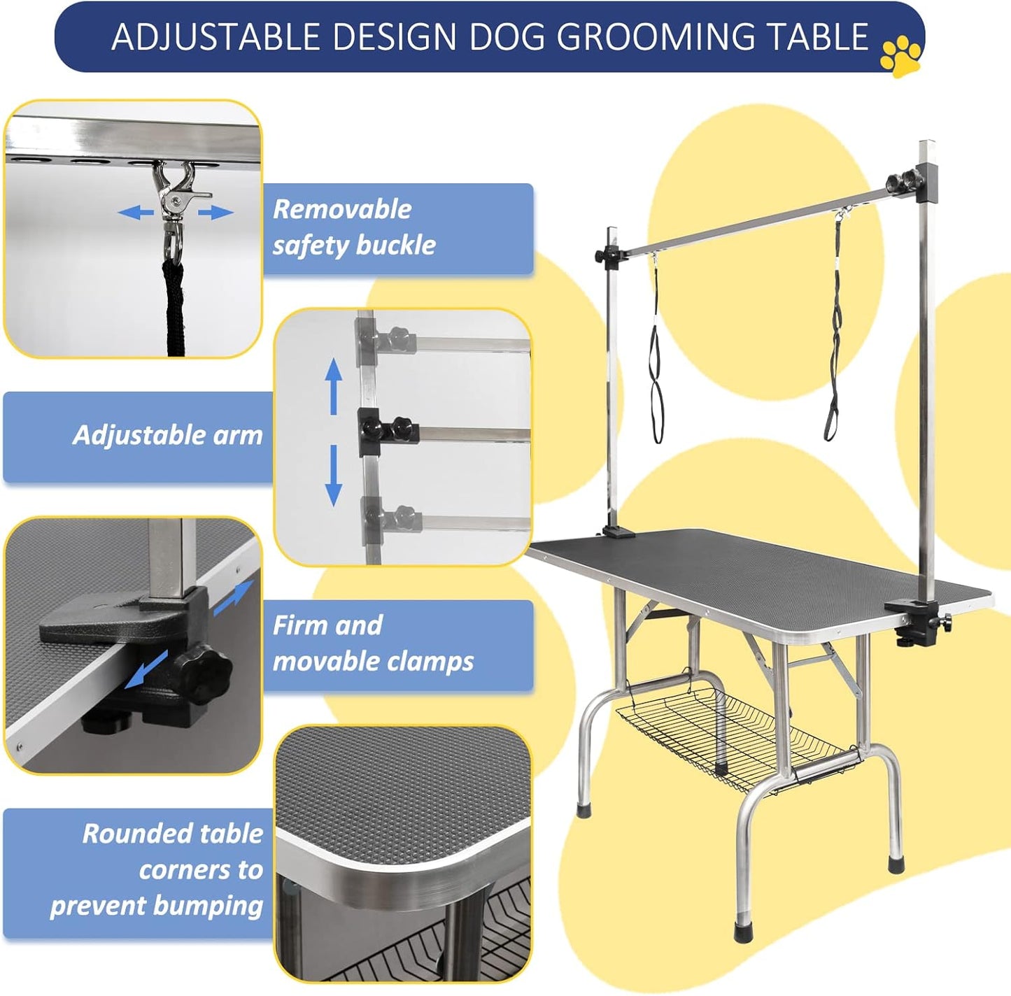ROOMTEC 46" Dog Grooming Table,Foldable Home Pet Bathing Station with Adjustable Height Arm/Noose/Mesh Tray