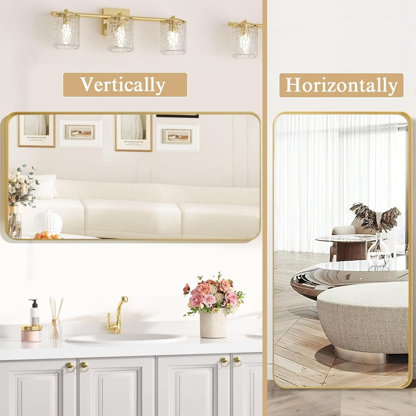 ROOMTEC Gold Bathroom Mirrors for Wall, 20X30 Inch Rounded Rectangle Mirror, Gold Bathroom Vanity Mirror, Metal Framed Wall-Mounted Mirror,Tempered Glass,(Horizontally or Vertically