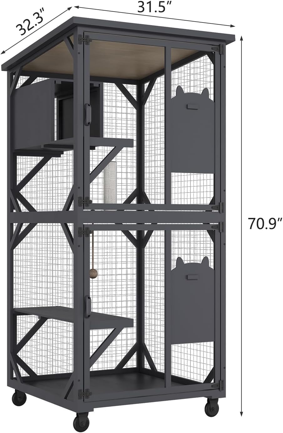 ROOMTEC Catio Outdoor Cat Enclosure with Roof 71" Height Large Cat House Cat Wooden Cage with 3 Jumping Platforms and 1 Napping Houses for Cat Activity (Grey)