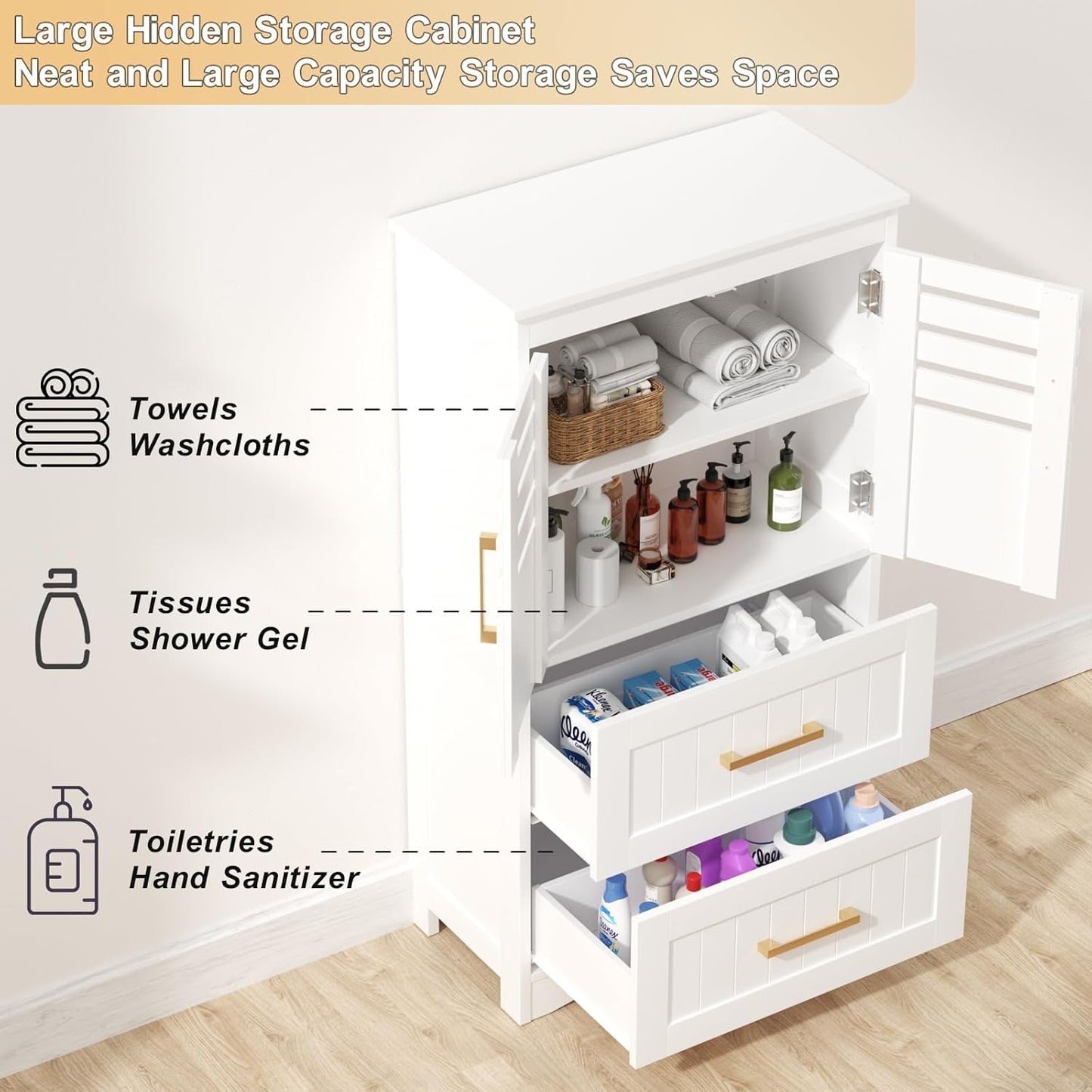 ROOMTEC Bathroom Floor Storage Cabinet,Freestanding Bathroom Cabinet with 2 Drawers and 2 Doors,Storage Cabinet with 5 Adjustable Height Shelf, 23.62 x 11.81 x 43.3Inches, White