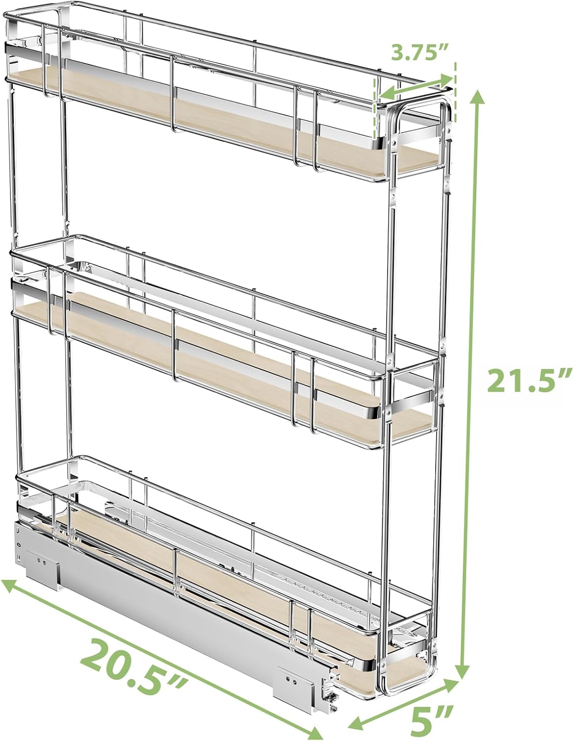 ROOMTEC 3-Tier Pull Out Cabinet Organizer Spice Rack for Narrow Cabinet 6" W x 20½" D, Slide Out Wood Shelves Storage for Kitchen
