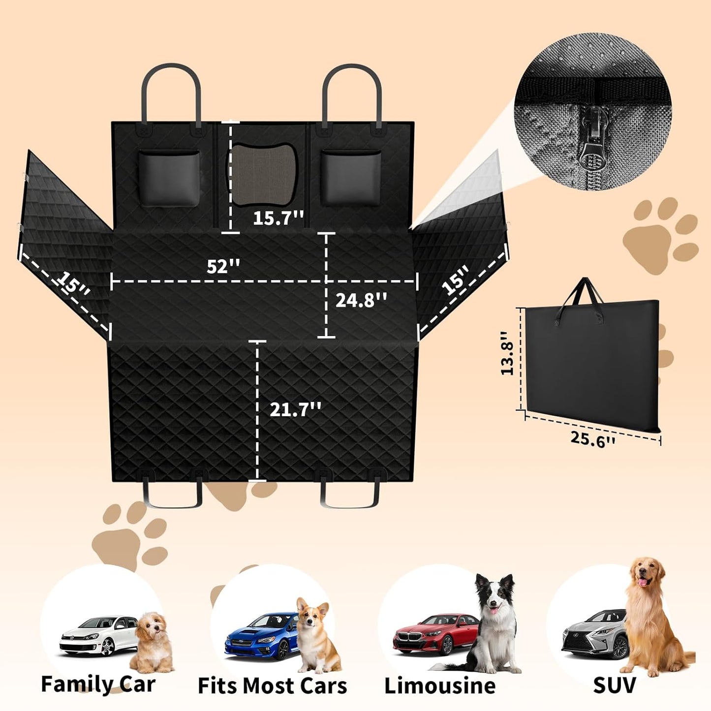 Back Seat Extender for Dogs, Hard Bottom Dog Seat Cover Holds 400 lbs Waterproof Dog Hammock with Breathable Window and Storage Bag Foldable Pet Backseat Protector for Car & SUV, Truck-Black
