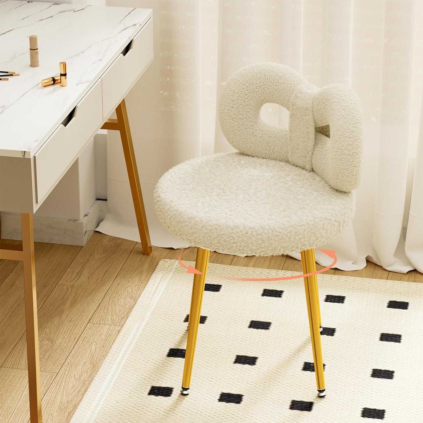 ROOMTEC Bedroom Pink Chair | No Wheels, Small Swivel, Upholstered, Cute Bow Backrest | Living Room, Comfy Desk, Makeup Reading Dining | Girls, Women, Kids