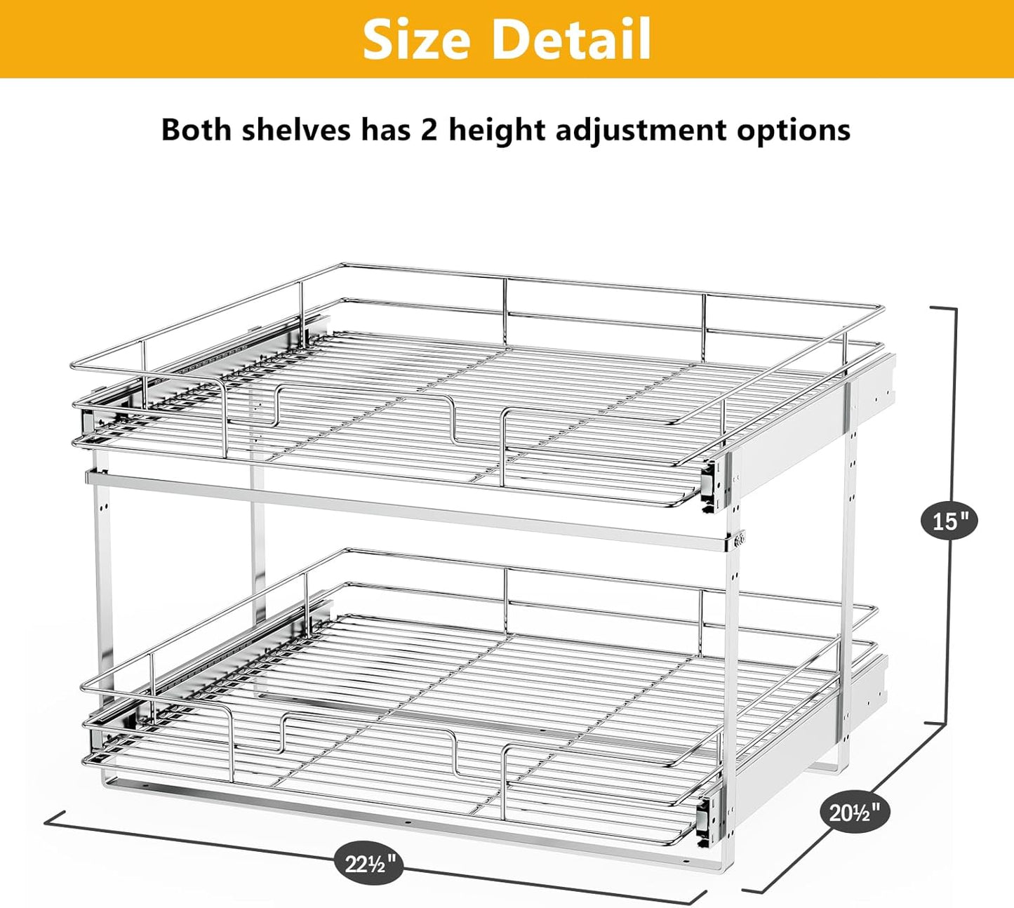 ROOMTEC Slide Out Cabinet Organizer for Kitchen, 2 Tier Pull Out Shelves Sliding Cabinet Organizer and Storage, Chrome (16.5" W x 20.5" D)