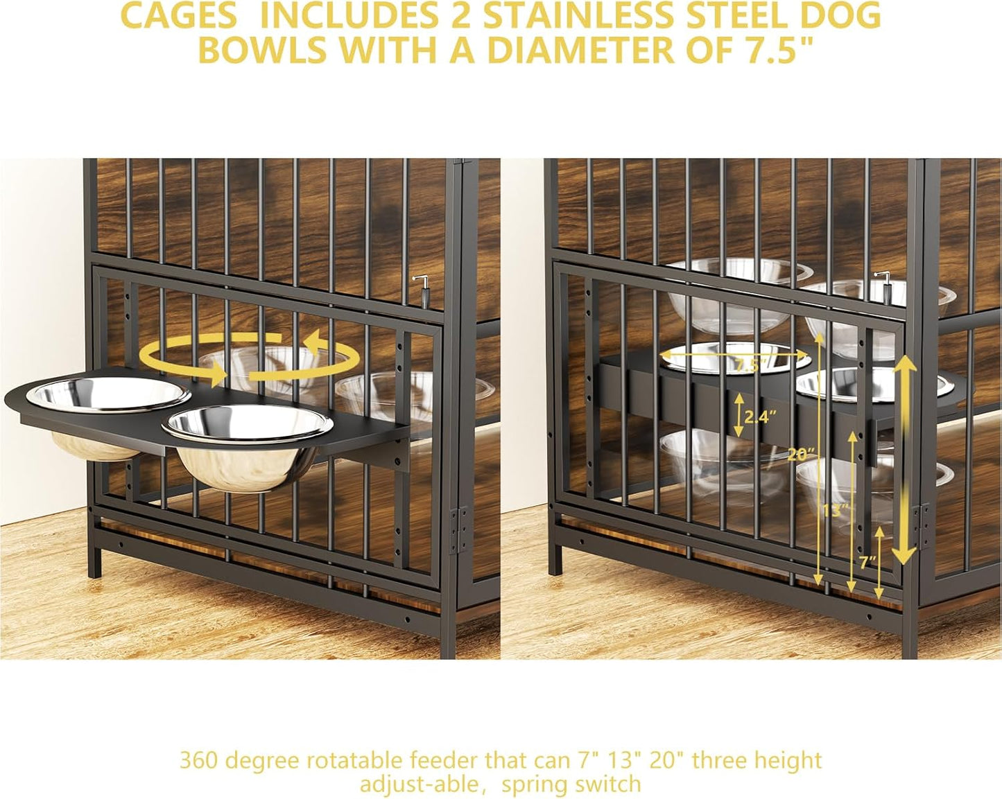 ROOMTEC Furniture Style Large Dog Crate with 360° & Adjustable Raised Feeder for Dogs 2 Stainless Steel Bowls -End Table House Pad, Indoor Use,41" L X 24" W 36" H, Classic Brown