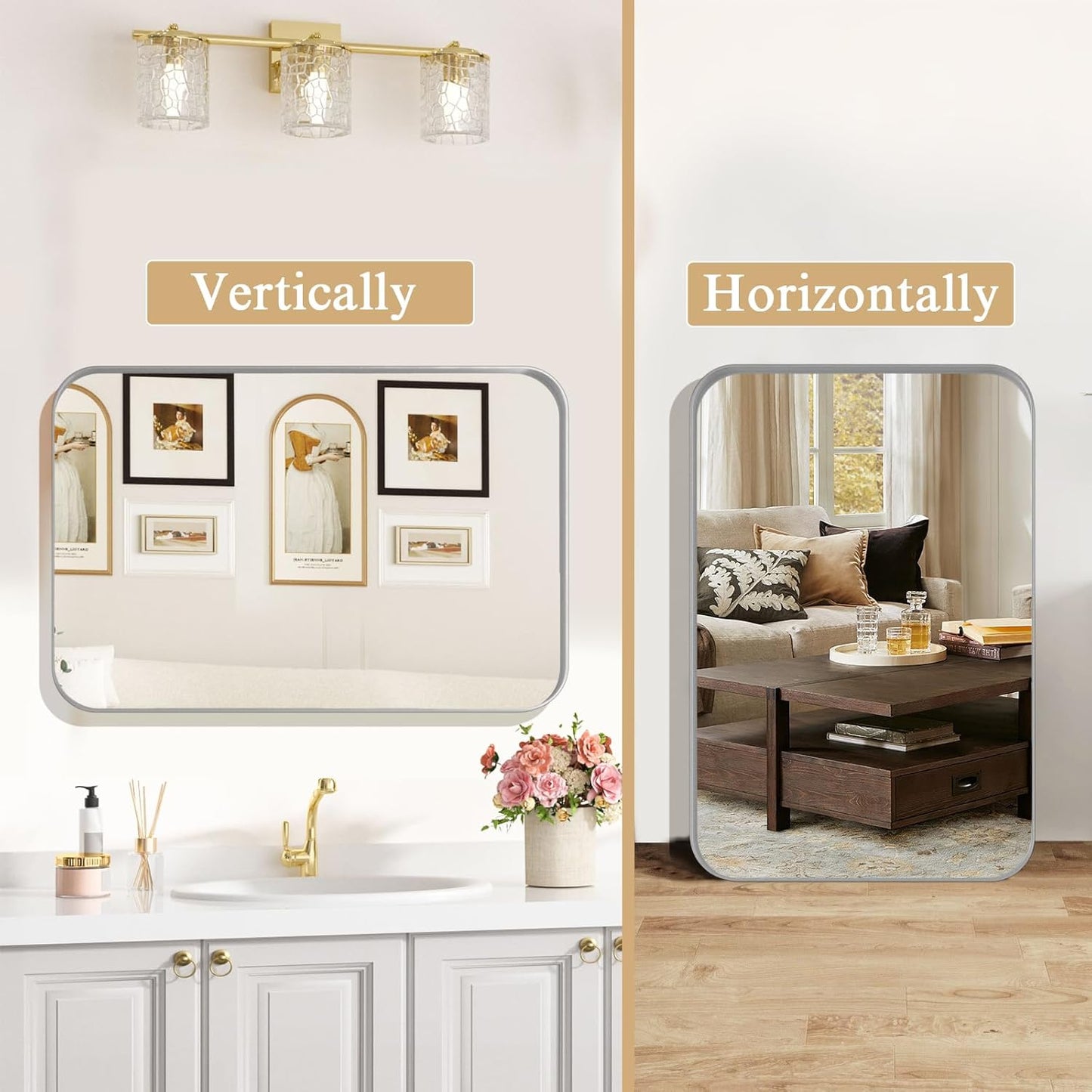 ROOMTEC Gold Bathroom Mirrors for Wall, 20X30 Inch Rounded Rectangle Mirror, Gold Bathroom Vanity Mirror, Metal Framed Wall-Mounted Mirror,Tempered Glass,(Horizontally or Vertically