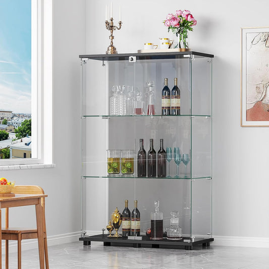 ROOMTEC Glass Display Cabinet with 3 Shelves,Double Doors, Floor Standing Display Cage, for Living Room Bedroom Office, 49.49 x 31.77 x 14.37 in, Black